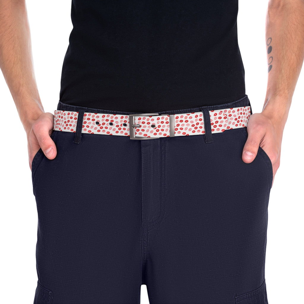 Psyche Collection Women's White Pink And Red Lip Print Belt – Cute Kiss Pattern Fashion Belt
