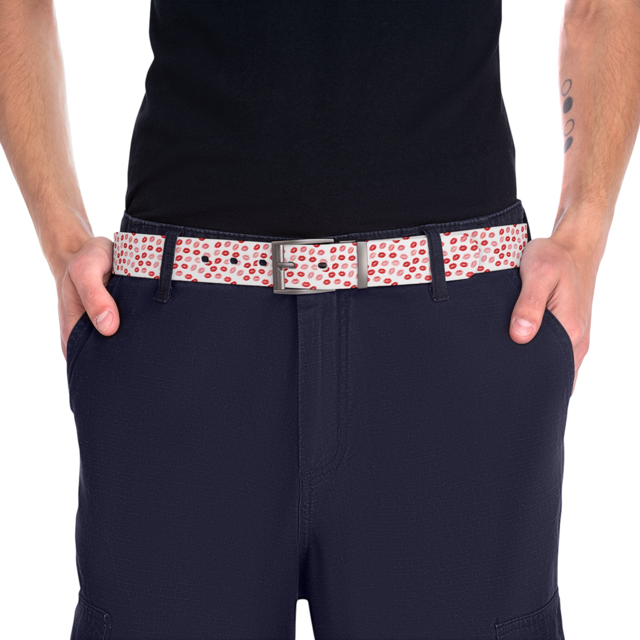 Psyche Collection Women's White Pink And Red Lip Print Belt – Cute Kiss Pattern Fashion Belt