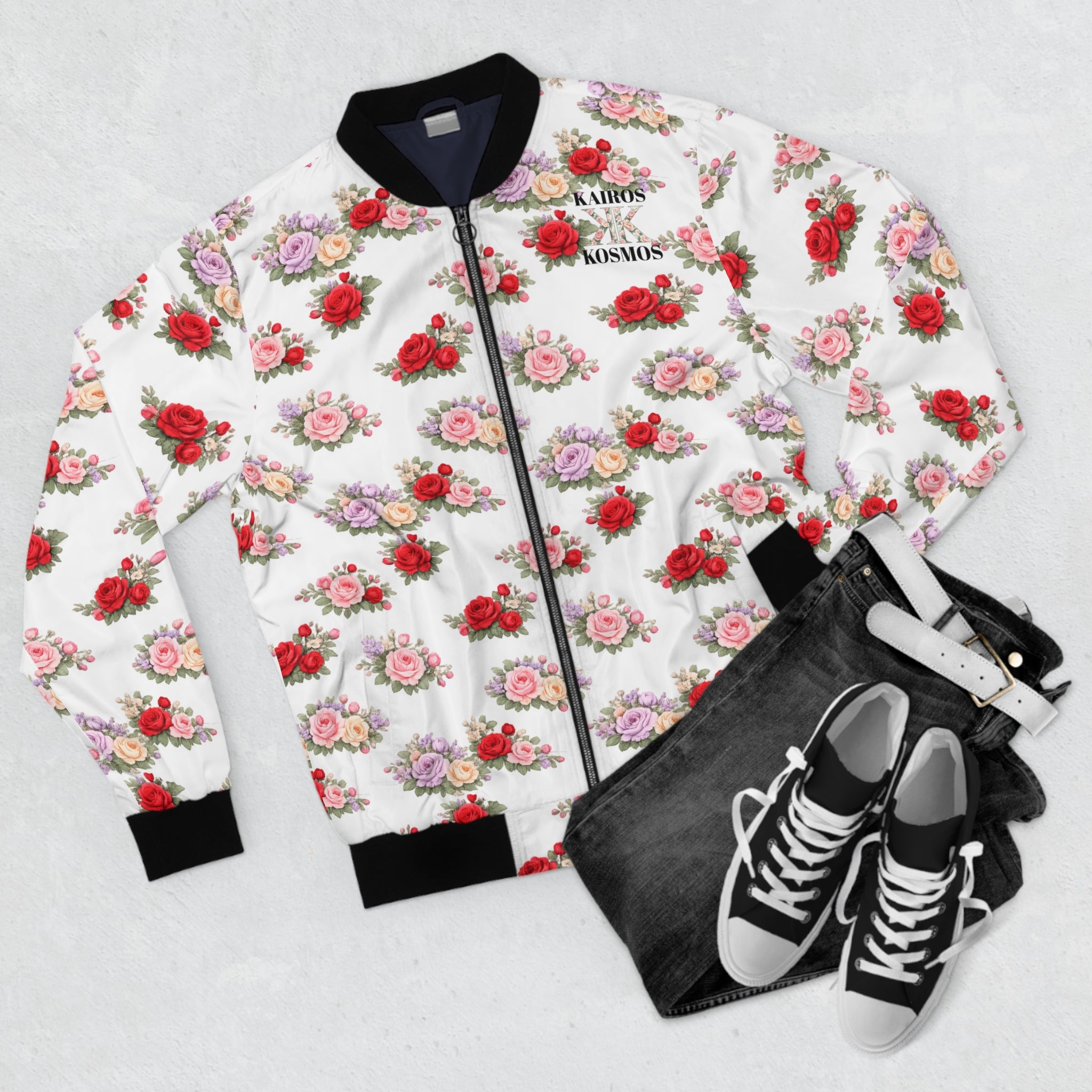 Anthos Collection Floral Rose Bomber Jacket — Vintage Pink & Red All-Over Print