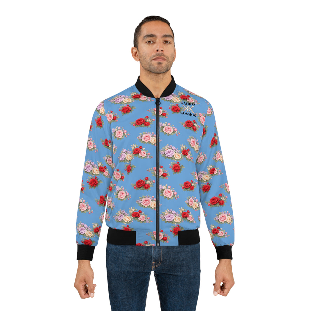 Anthos Collection Floral Rose Light Blue Bomber Jacket — Vintage Pink & Red All-Over Print