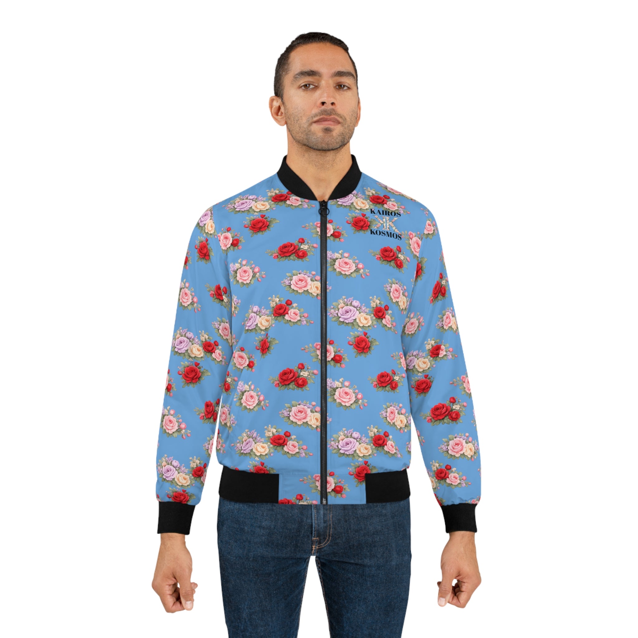Anthos Collection Floral Rose Light Blue Bomber Jacket — Vintage Pink & Red All-Over Print