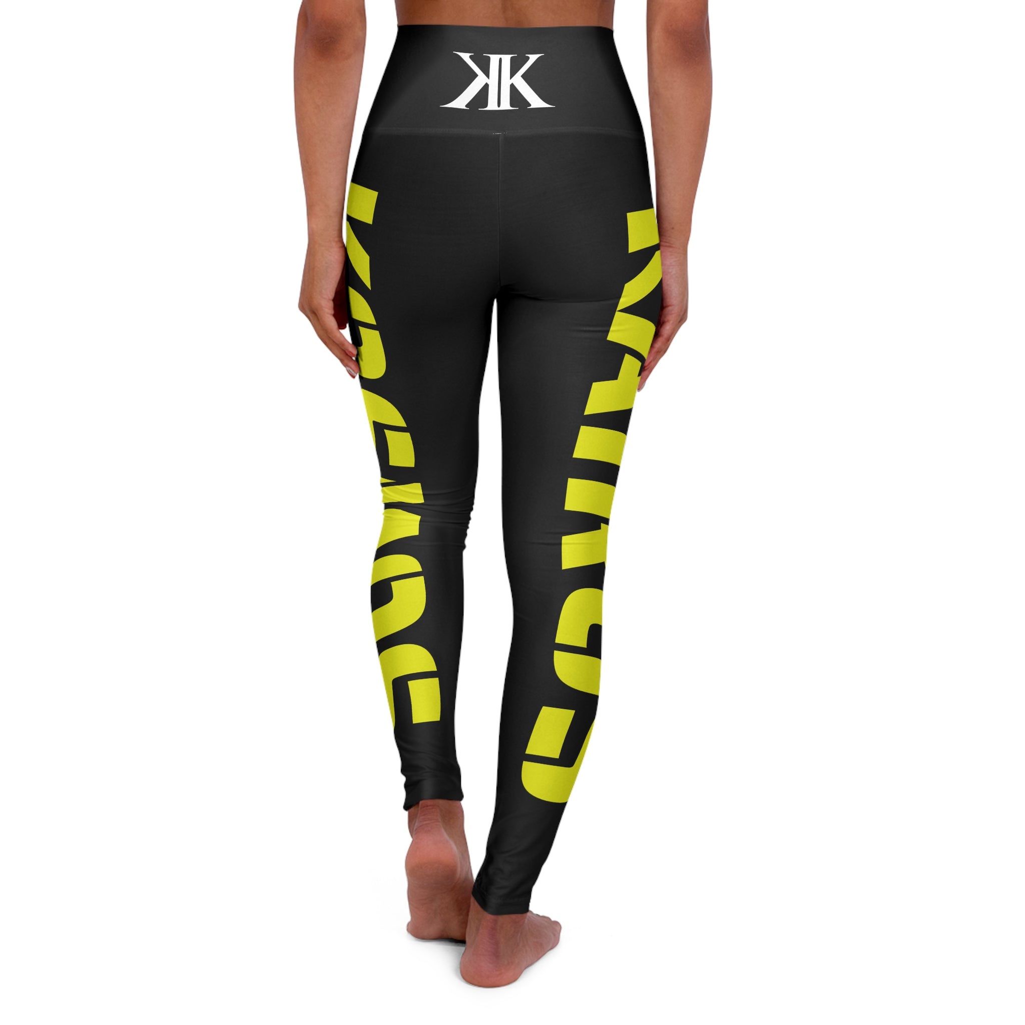 High-Waisted BLACK Yoga Leggings — Bold Yellow Side Script, Logo Waistband