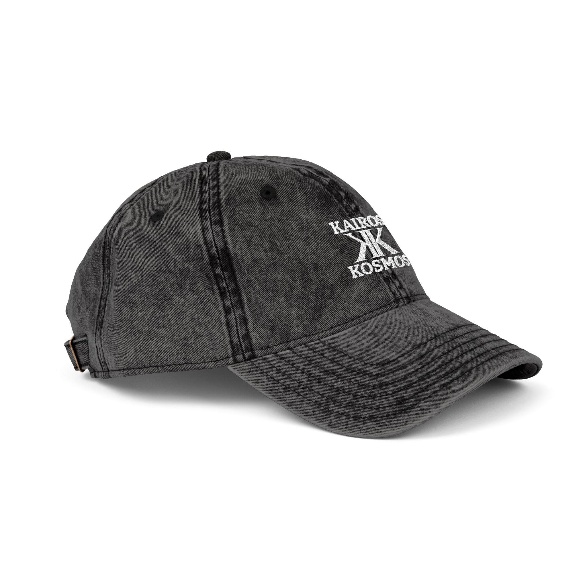 Vintage Embroidered Cap BLACK — Kairos Kosmos Logo Distressed Baseball Hat