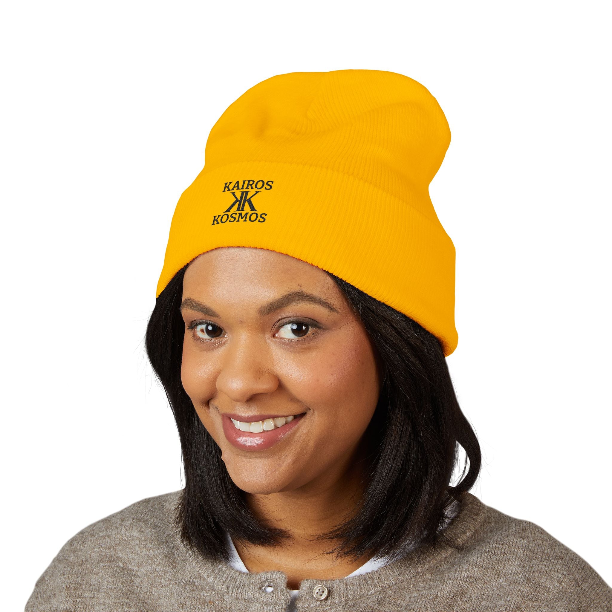 Kairos Kosmos Embroidered Cuffed Beanie — Minimal Logo Knit Hat