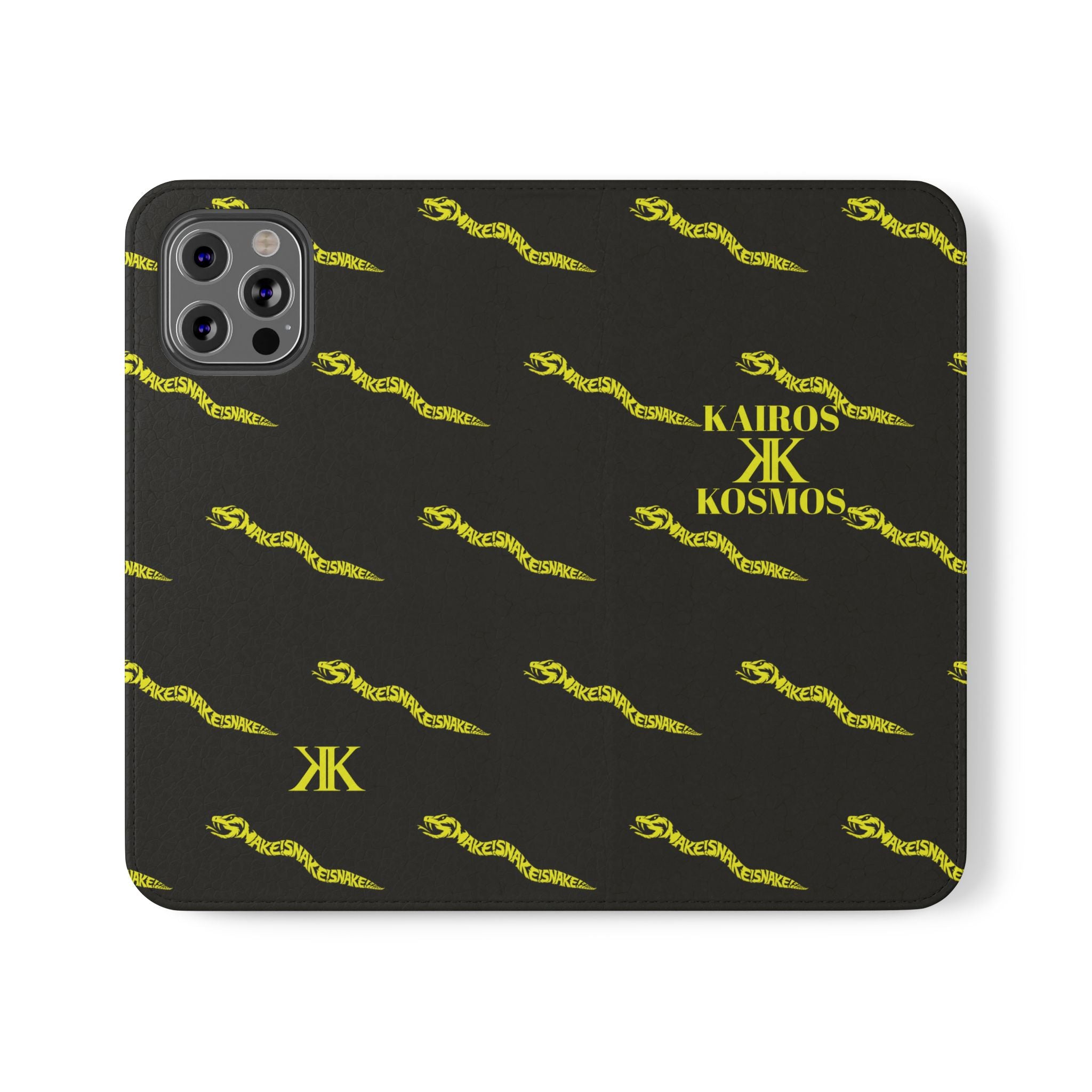 Aspis Collection Flip Case Phone Wallet — Black & Gold Kairos Kosmos Pattern