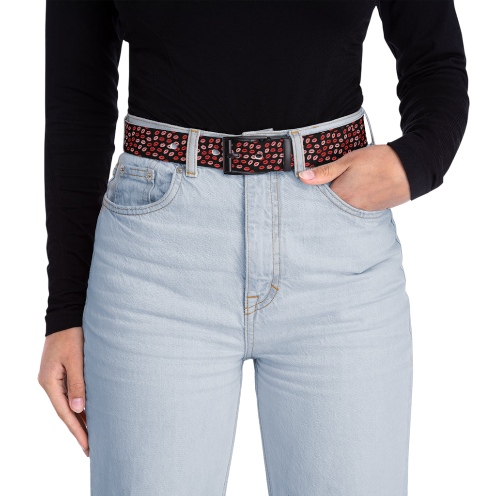 Psyche Collection Women's BLACK, Pink And Red Lip Print Belt – Cute Kiss Pattern Fashion Belt