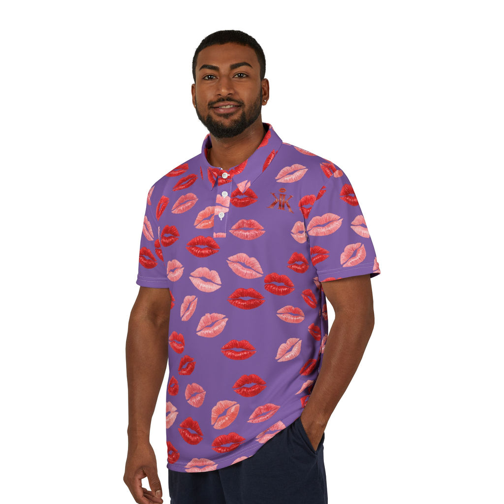 Psyche Collection Light Purple Kiss Print Polo Shirt — Allover Red Lip Pattern