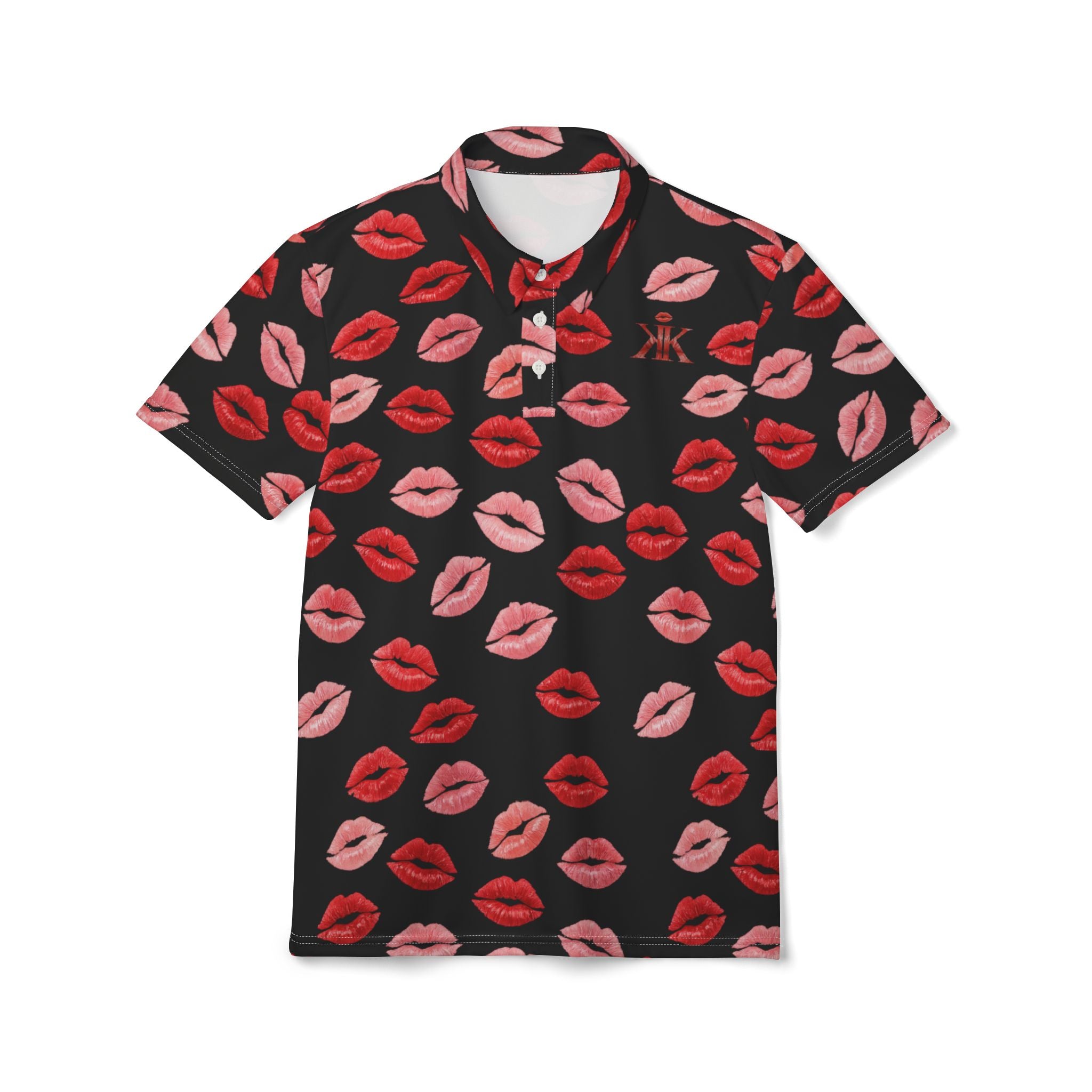 Psyche Collection BLACK Kiss Print Polo Shirt — Allover Red Lip Pattern