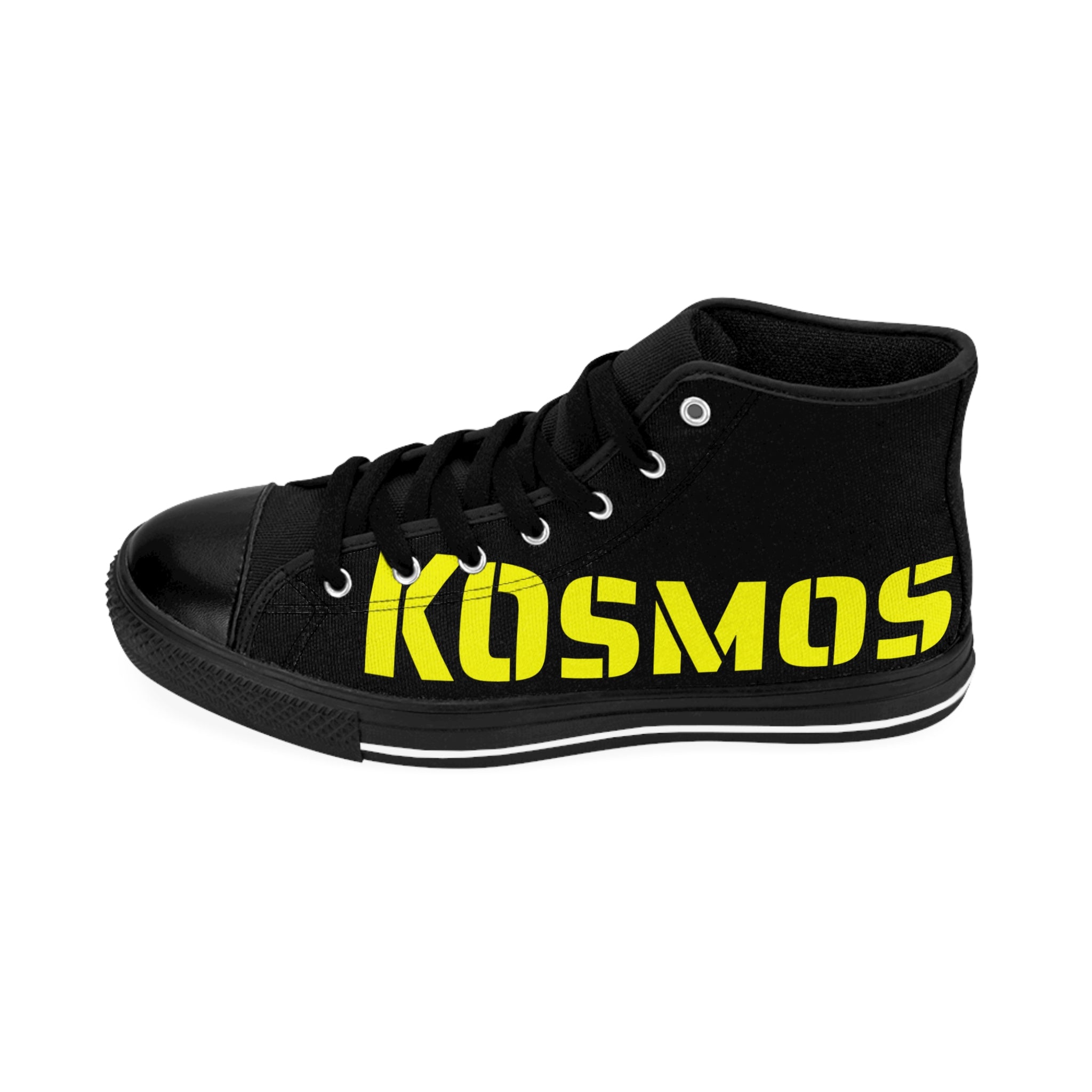 Kairos Kosmos BLACK High-Top Sneakers — Bold Yellow Logo Canvas Shoes