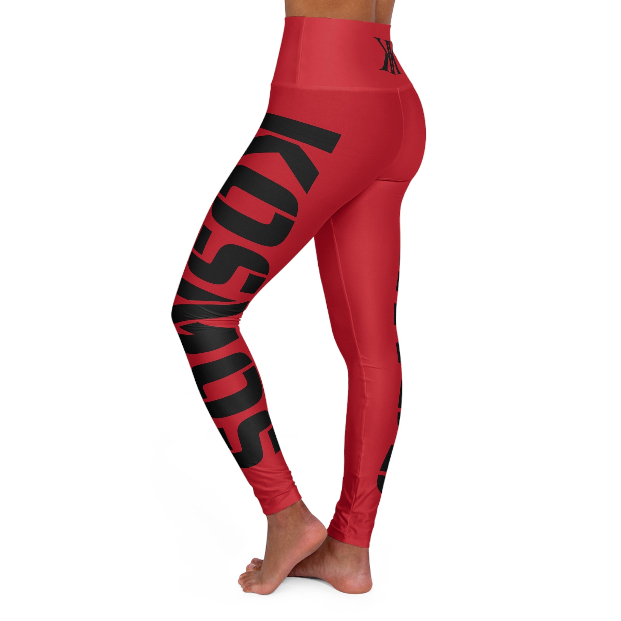 High-Waisted RED Yoga Leggings with Bold Black Side Text — Comfortable Activewear for Yoga & Fitness