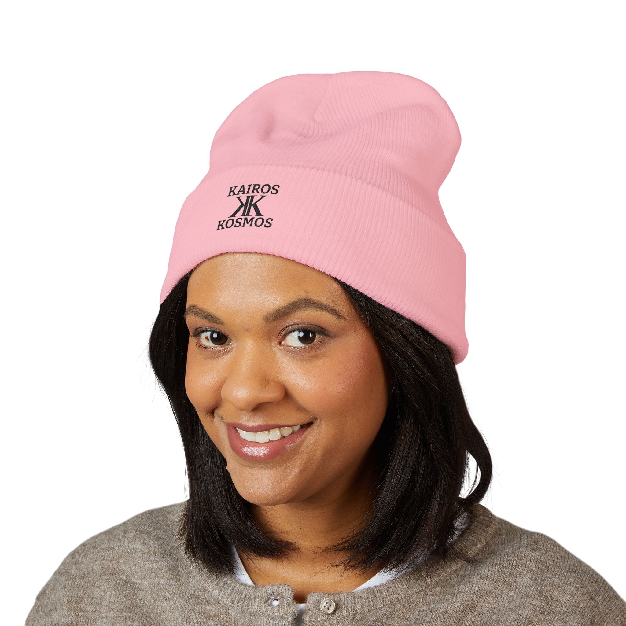 Kairos Kosmos Embroidered Cuffed Beanie — Minimal Logo Knit Hat