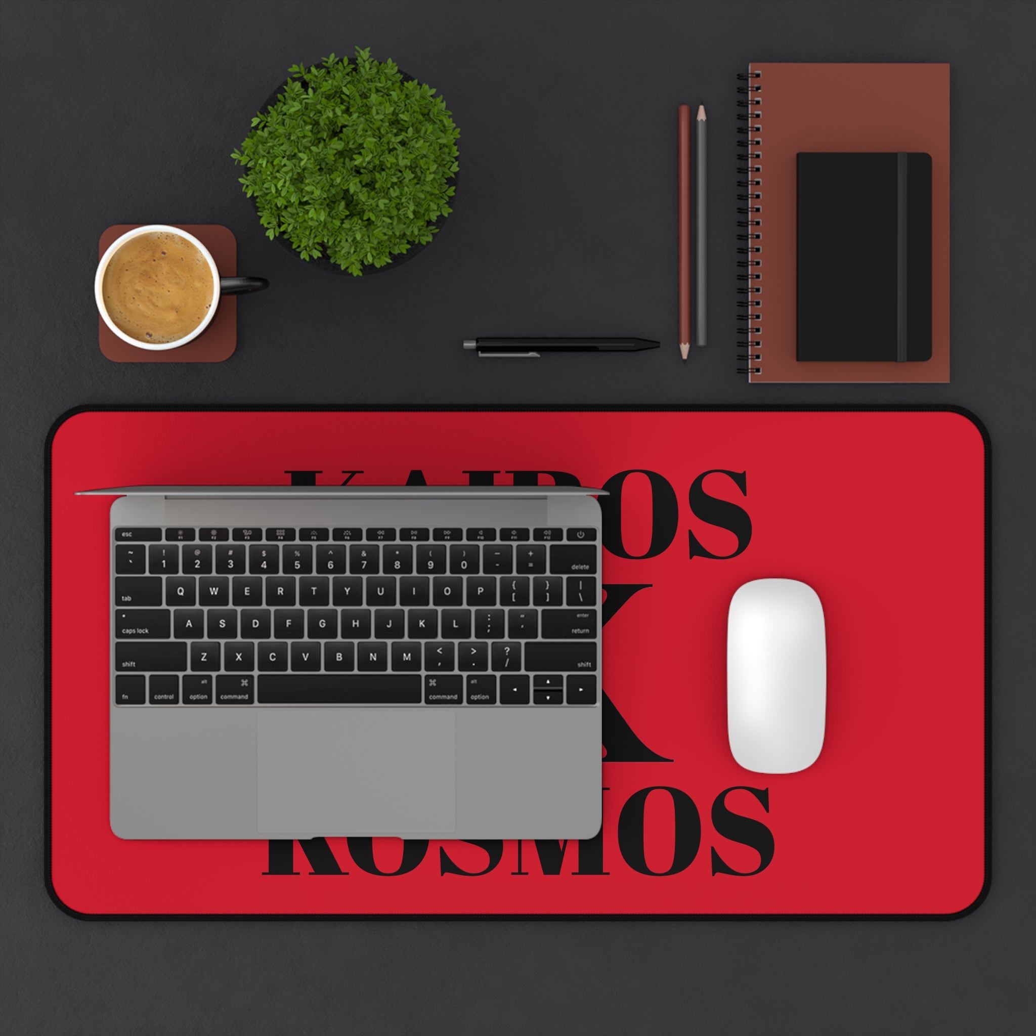 Desk Mat RED — Minimalist 'KAIROS KOSMOS' Black & White Logo Desk Mat