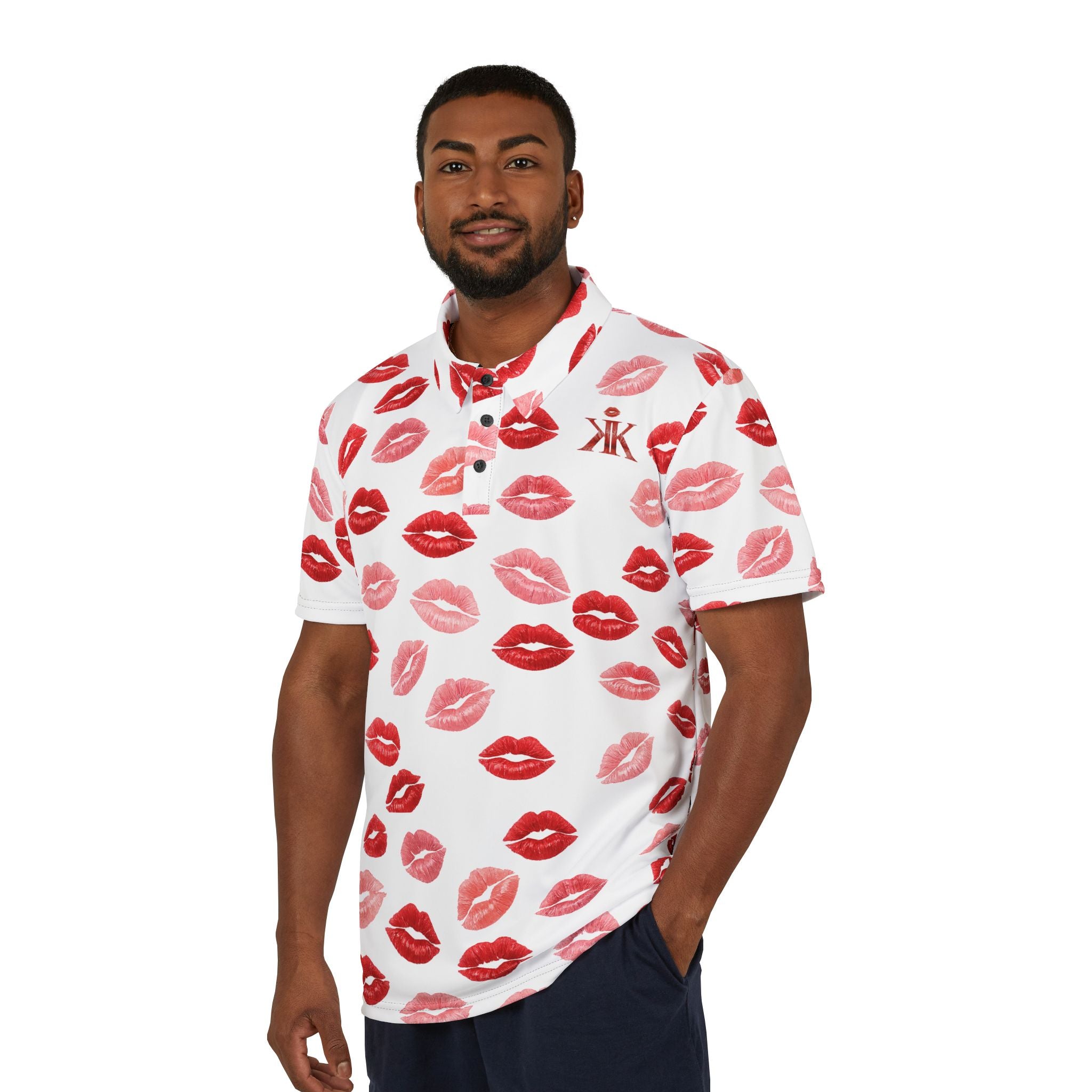 Psyche Collection White Kiss Print Polo Shirt — Allover Red Lip Pattern