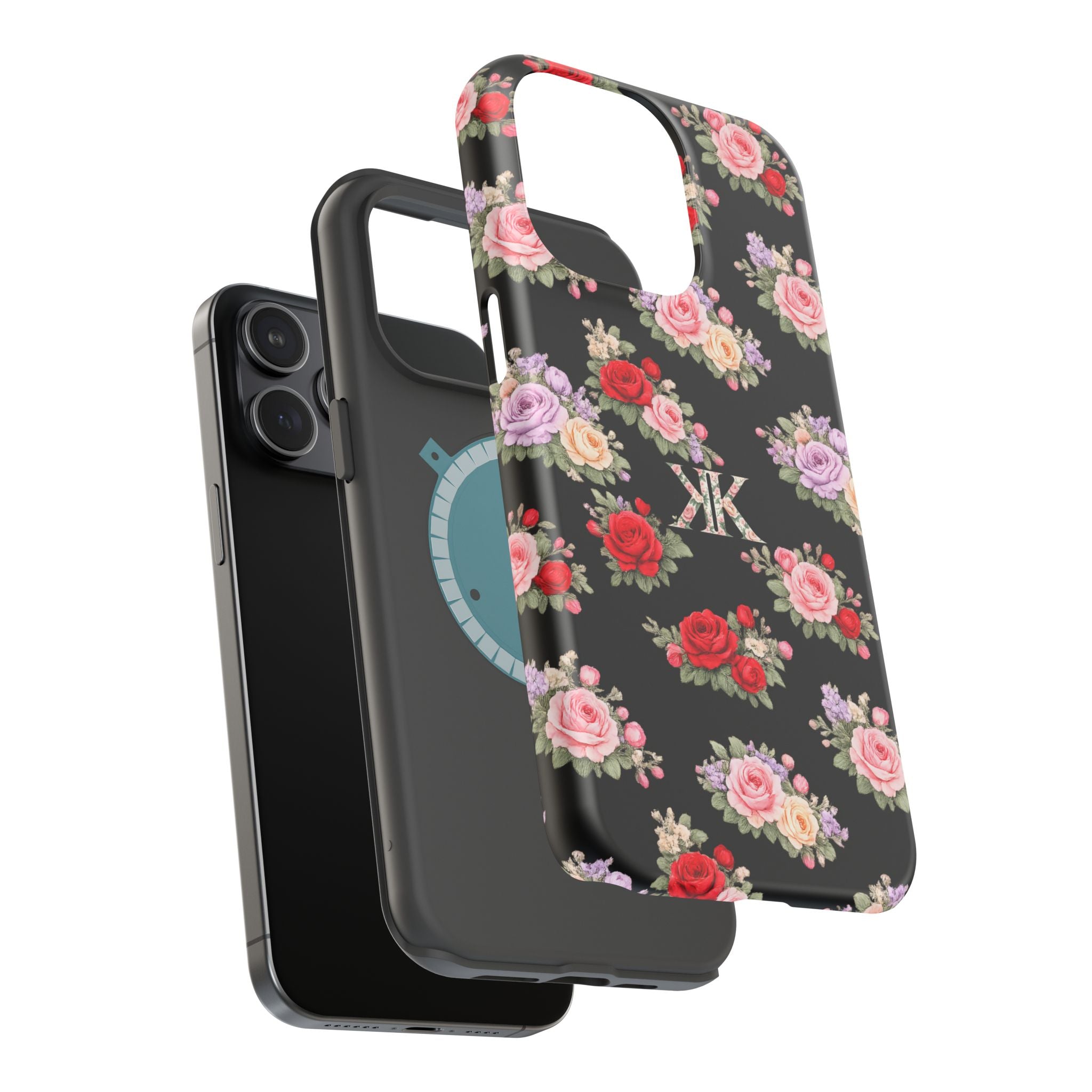 Anthos Collection BLACK Vintage Floral Rose Pattern Magnetic Impact-Resistant Phone Case