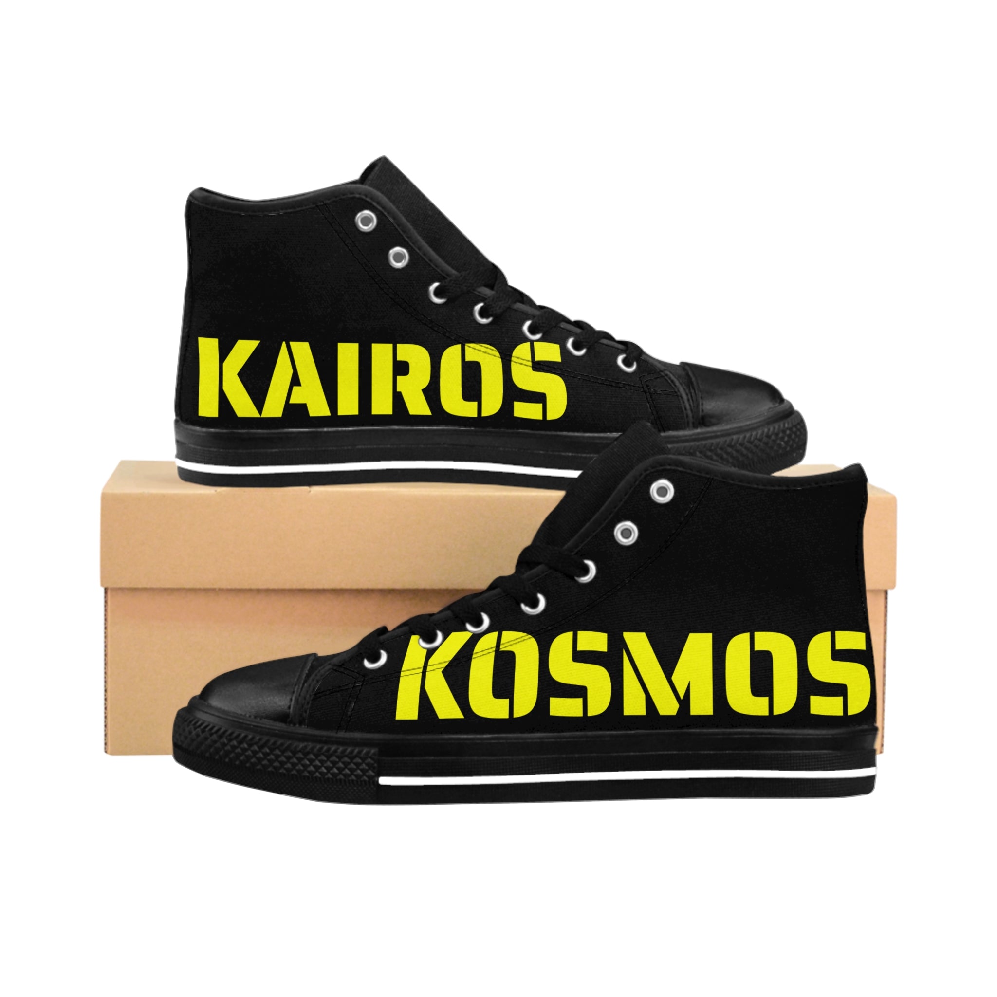 Kairos Kosmos BLACK High-Top Sneakers — Bold Yellow Logo Canvas Shoes