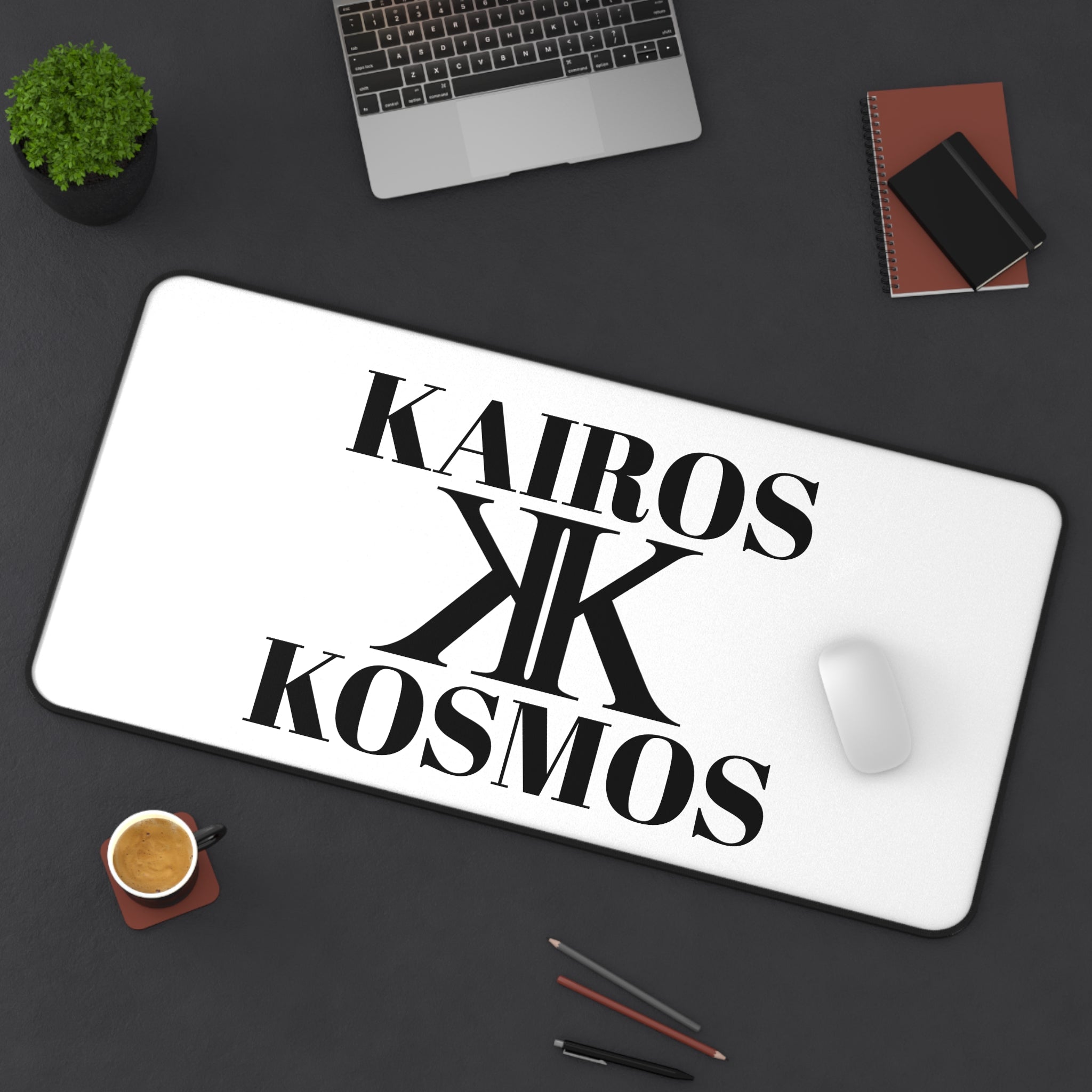 Desk Mat — Minimalist 'KAIROS KOSMOS' Black & White Logo Desk Mat