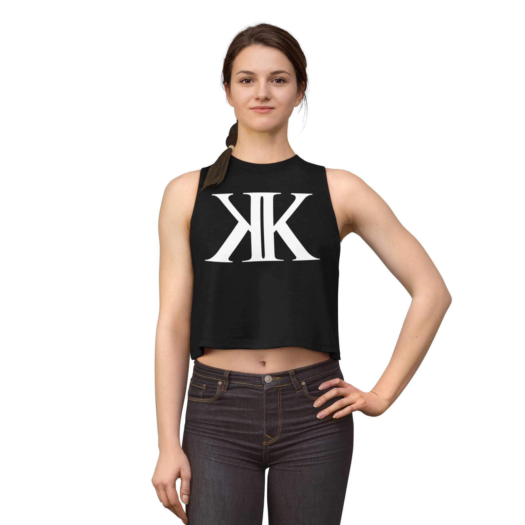 Women's BLACK Crop Tank Top with White Mirror K Logo – Stylish Athletic Casual Top