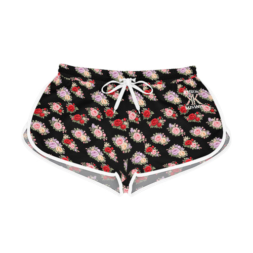 Anthos Collection BLACK Floral Stretch Women's Relaxed Shorts — Vintage Pink & Red Rose All-Over Print