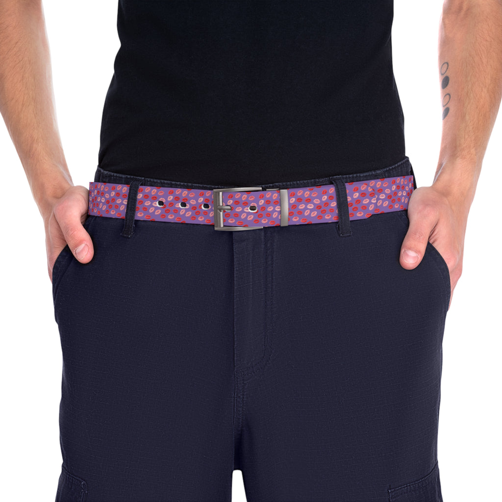 Psyche Collection Women's Light Purple, Pink And Red Lip Print Belt – Cute Kiss Pattern Fashion Belt