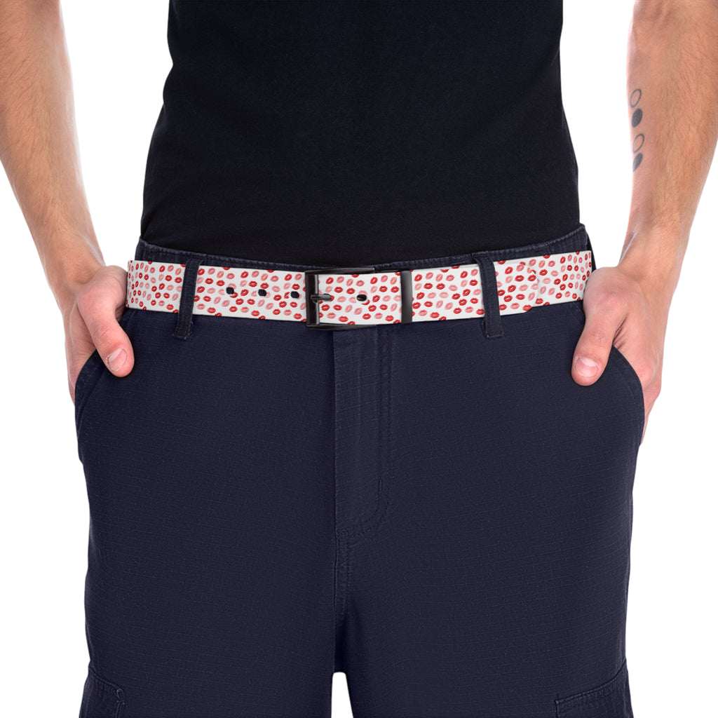 Psyche Collection Women's White Pink And Red Lip Print Belt – Cute Kiss Pattern Fashion Belt