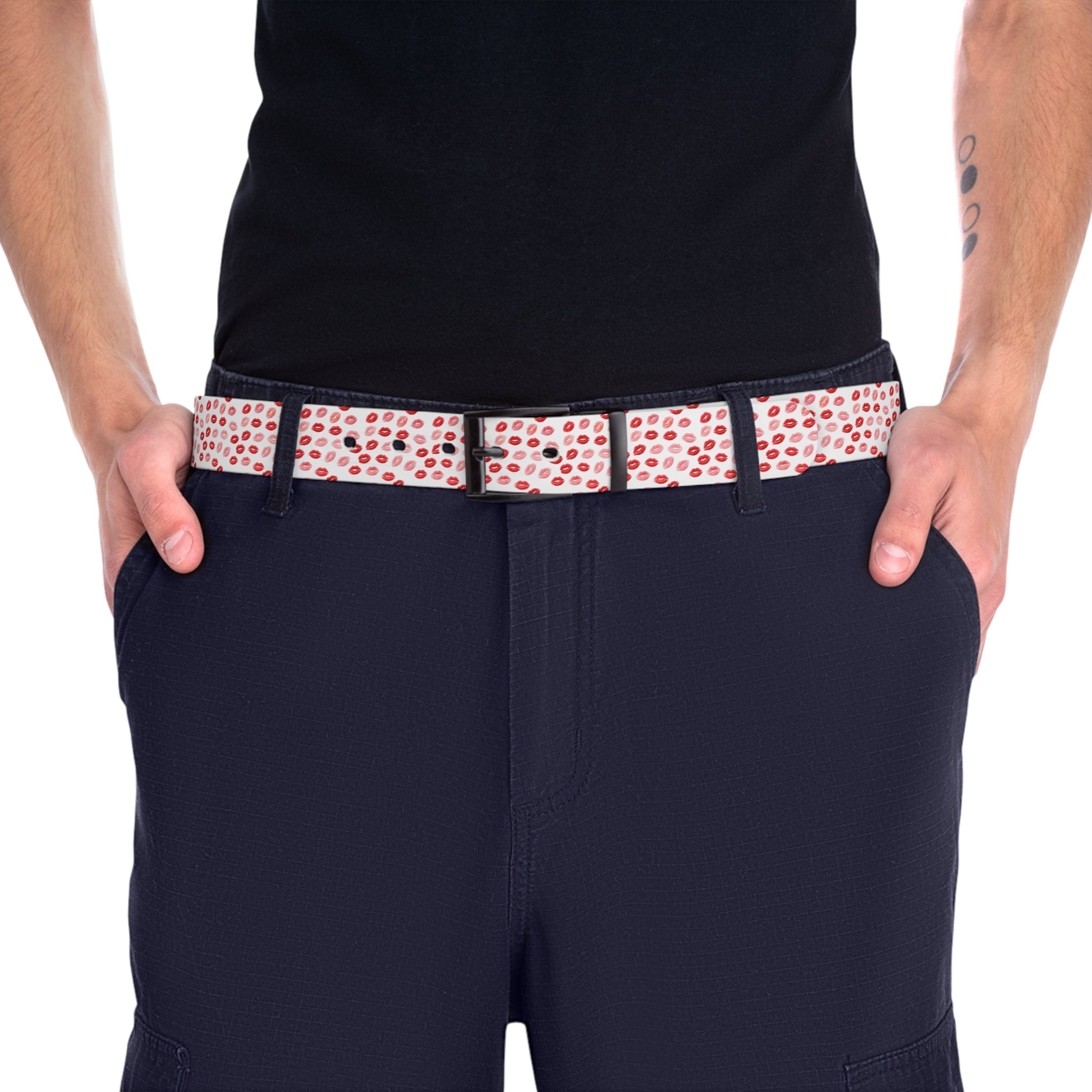 Psyche Collection Women's White Pink And Red Lip Print Belt – Cute Kiss Pattern Fashion Belt