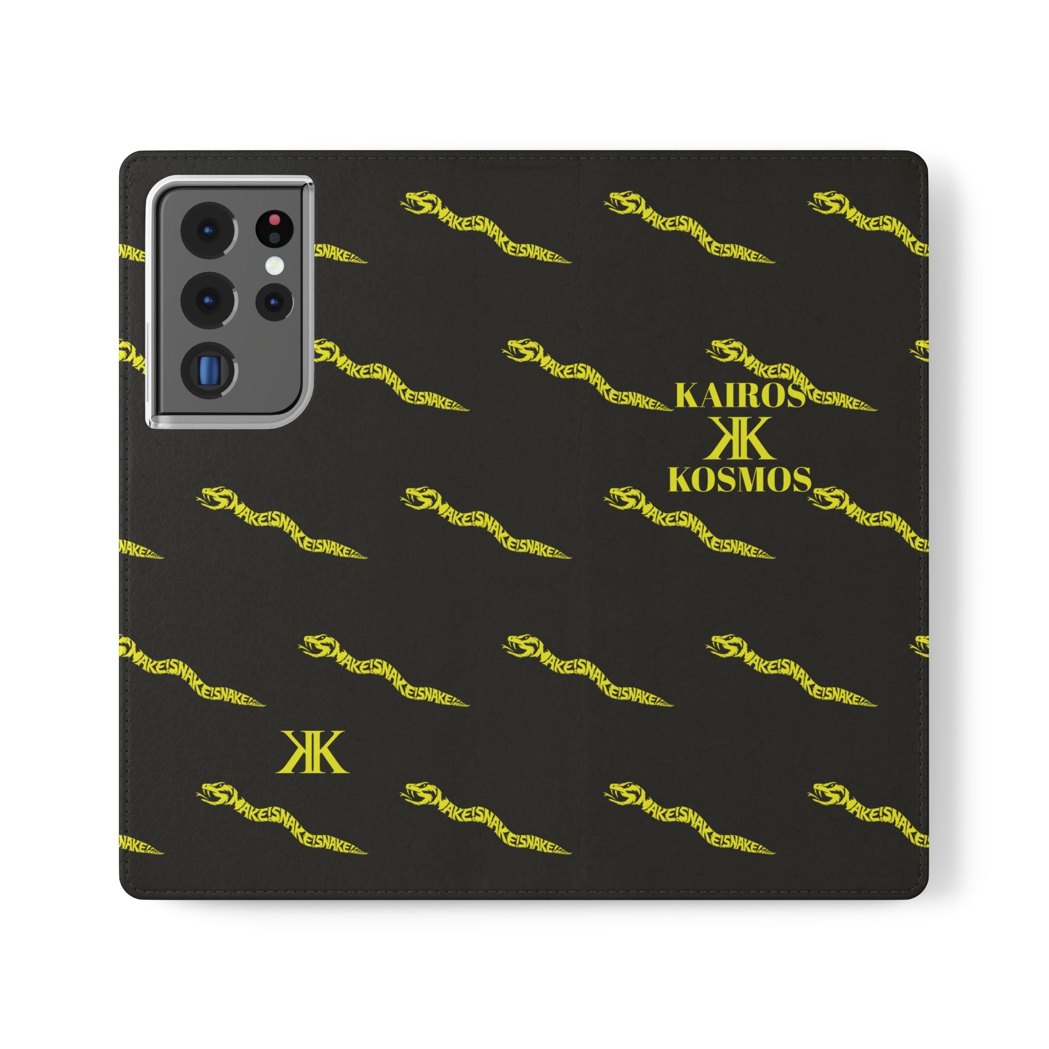 Aspis Collection Flip Case Phone Wallet — Black & Gold Kairos Kosmos Pattern