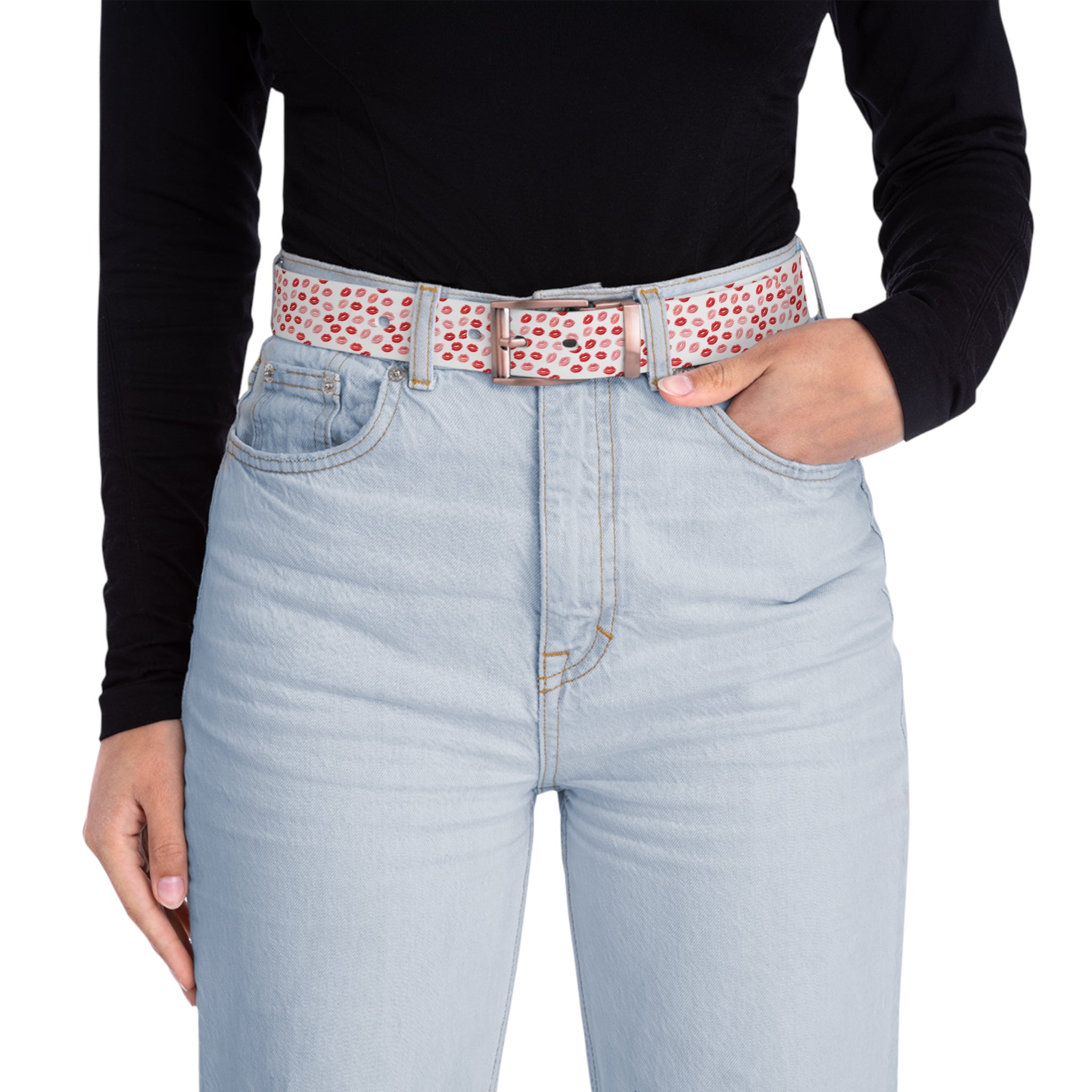 Psyche Collection Women's White Pink And Red Lip Print Belt – Cute Kiss Pattern Fashion Belt