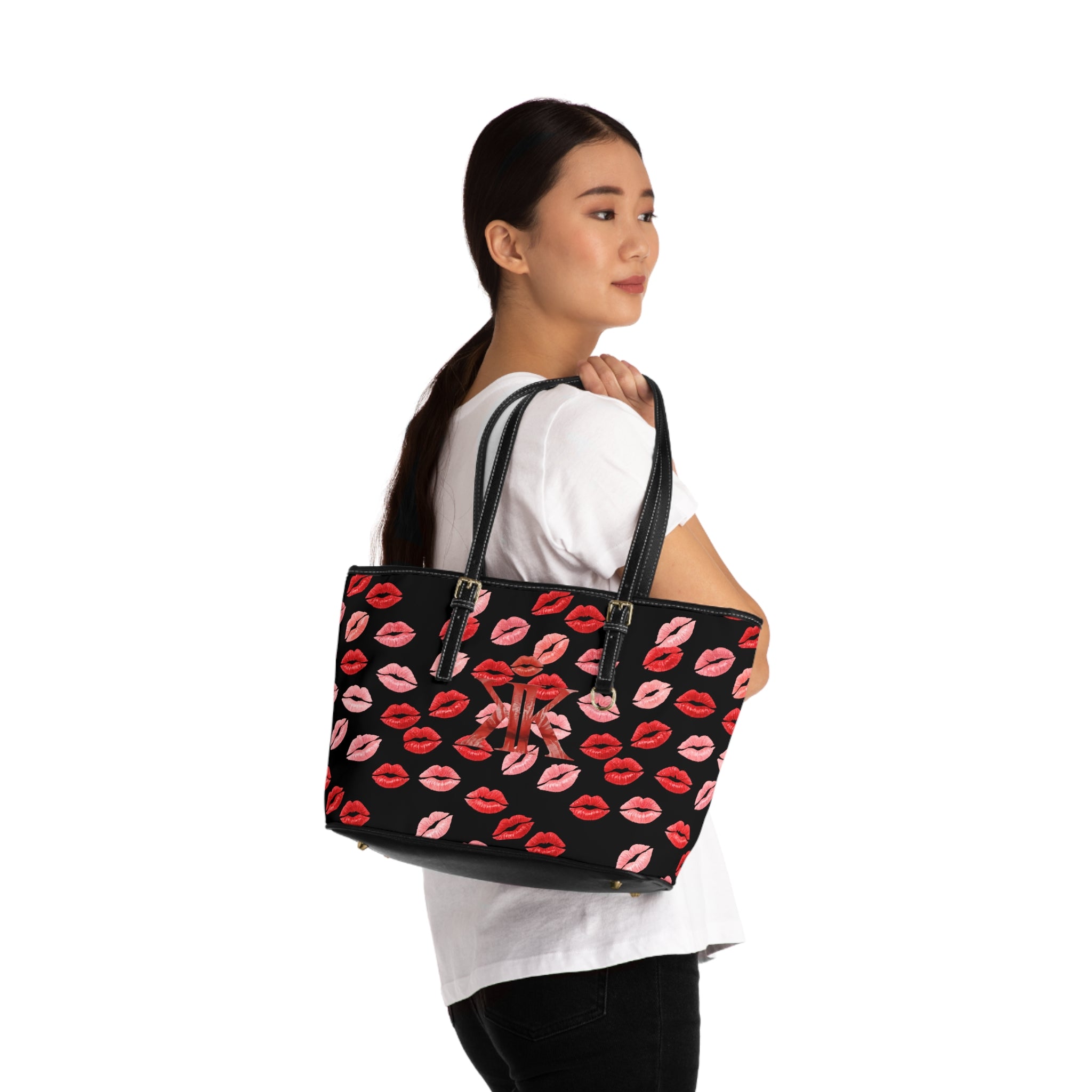 Psyche Collection BLACK Kiss Print PU Leather Shoulder Bag – Red Lipstick Pattern
