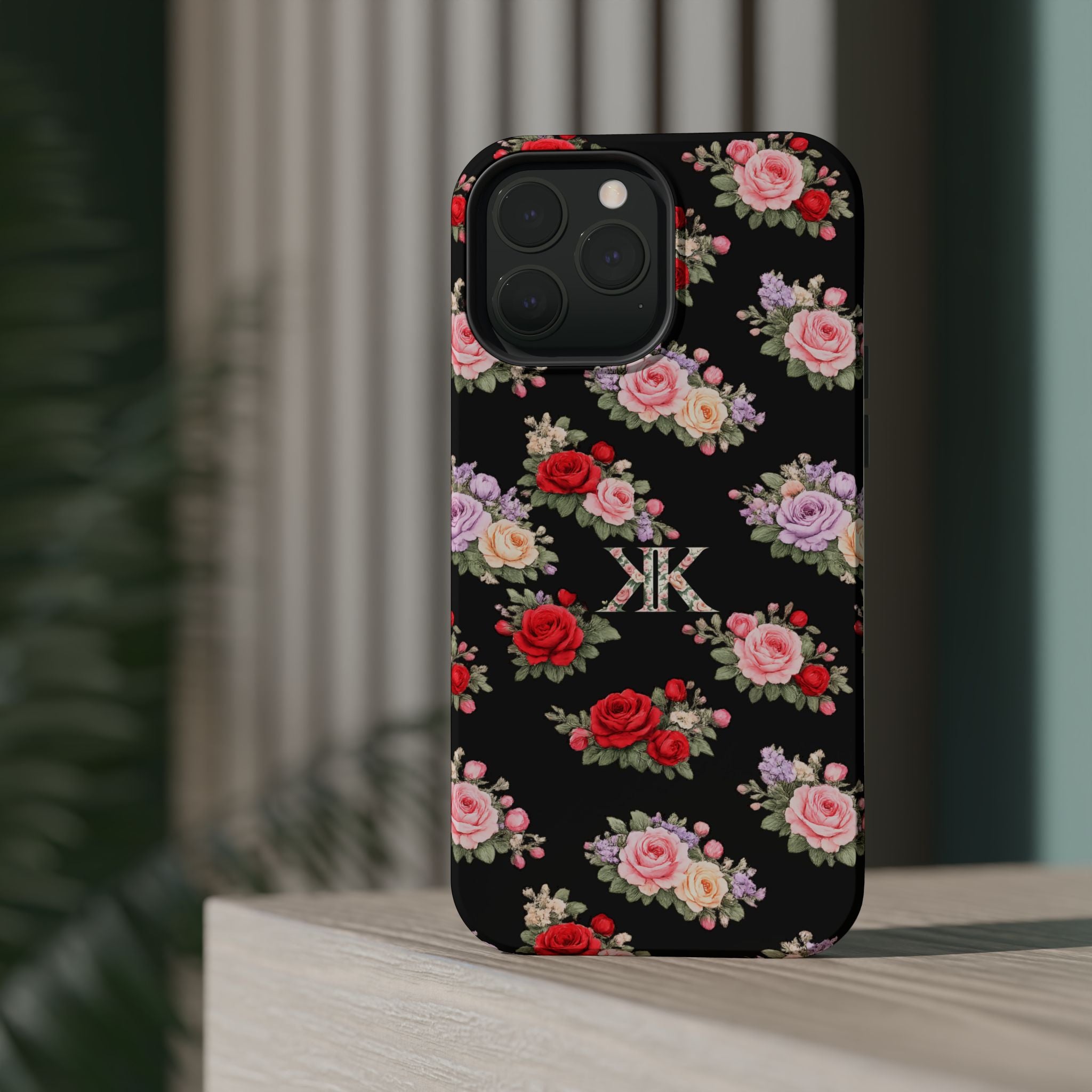 Anthos Collection BLACK Vintage Floral Rose Pattern Magnetic Impact-Resistant Phone Case