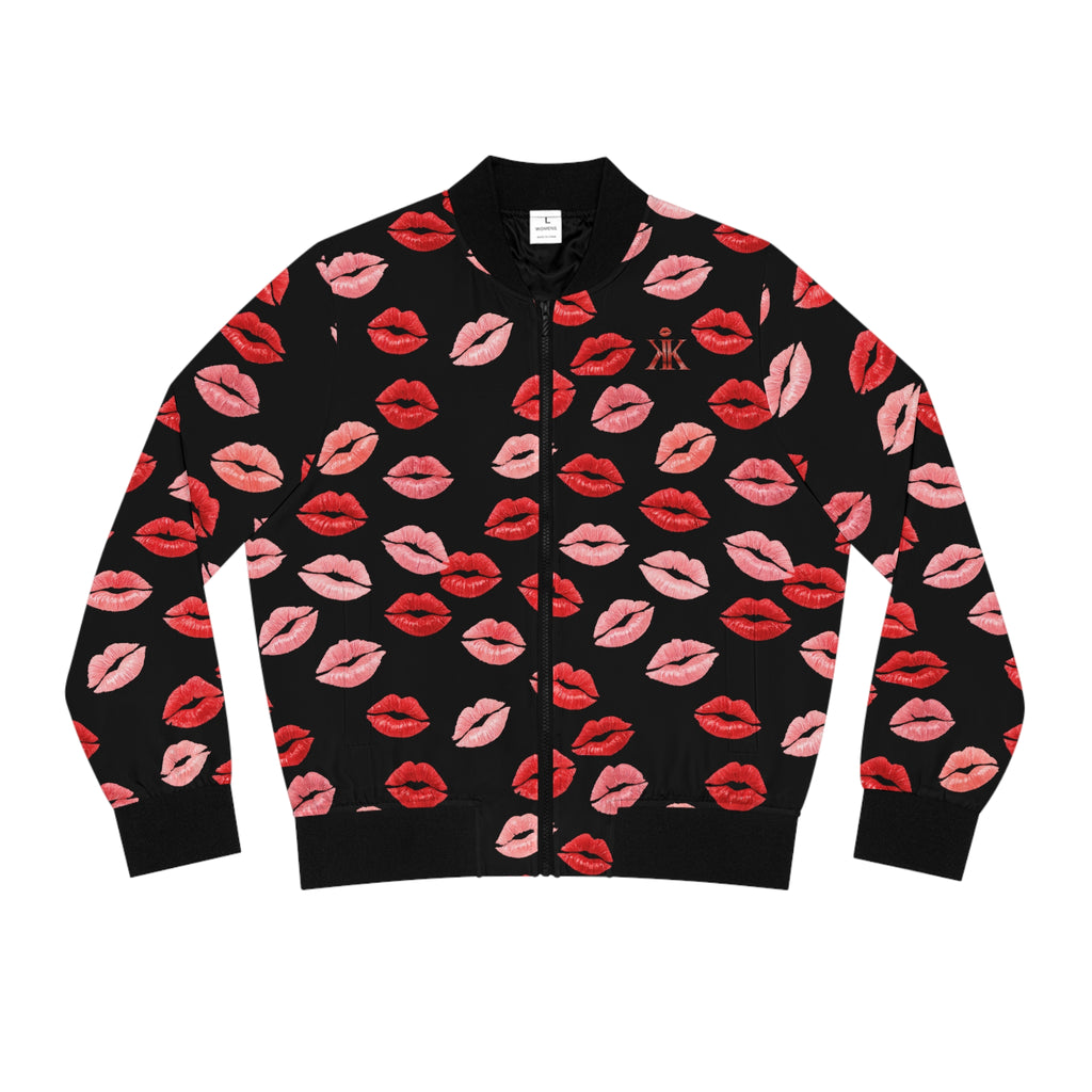Psyche Collection BLACK, Kiss Print Uni-Sex Bomber Jacket —  Lipstick Kisses Print