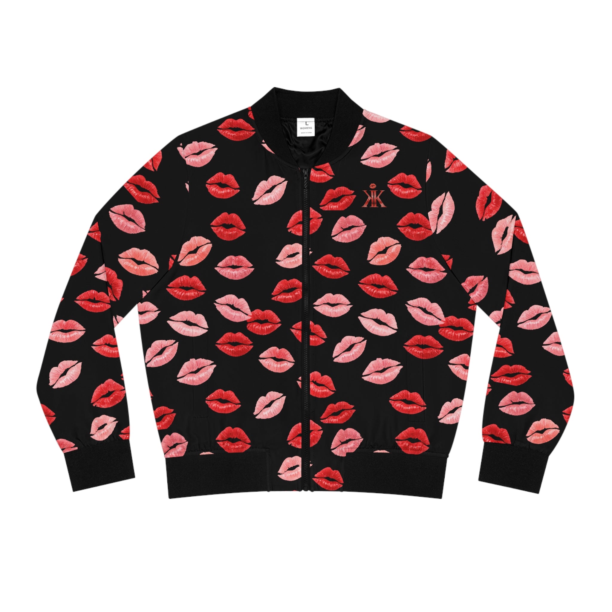 Psyche Collection BLACK, Kiss Print Uni-Sex Bomber Jacket —  Lipstick Kisses Print