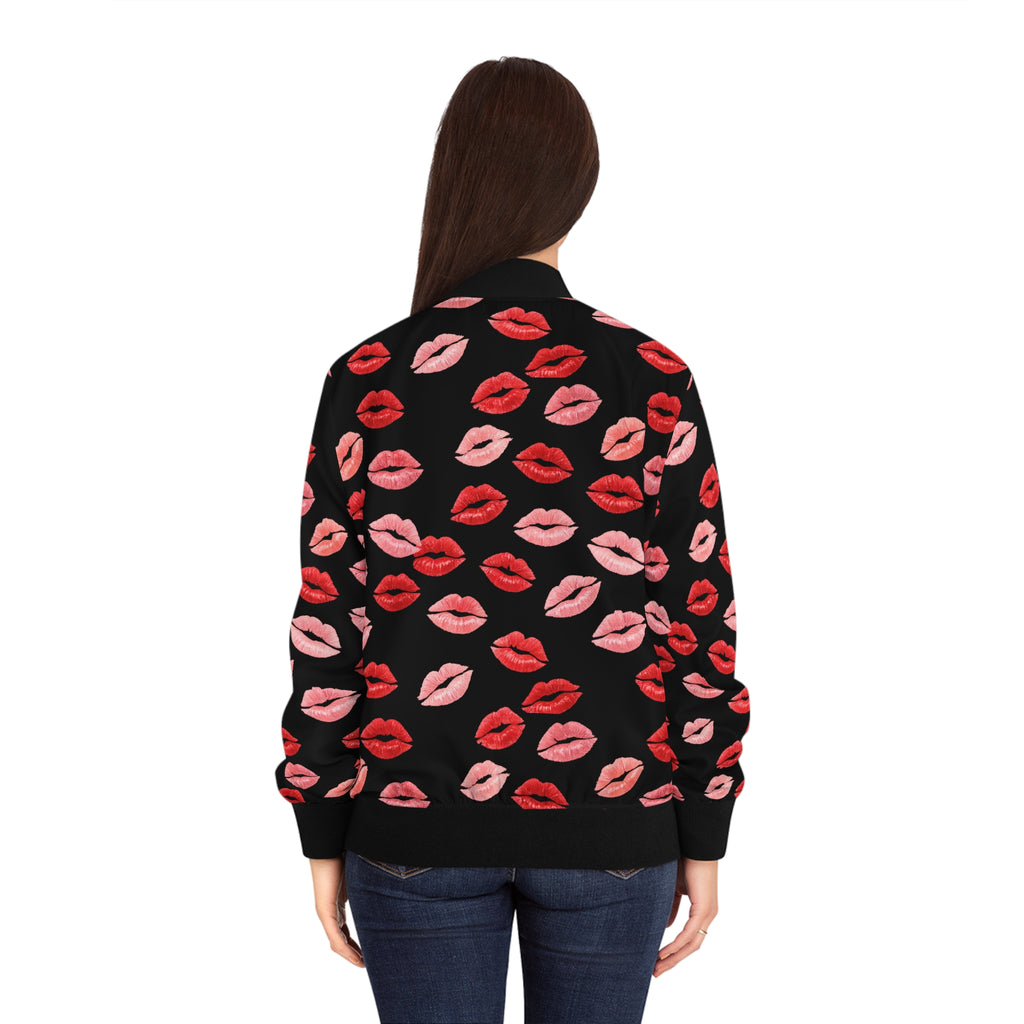 Psyche Collection BLACK, Kiss Print Uni-Sex Bomber Jacket —  Lipstick Kisses Print