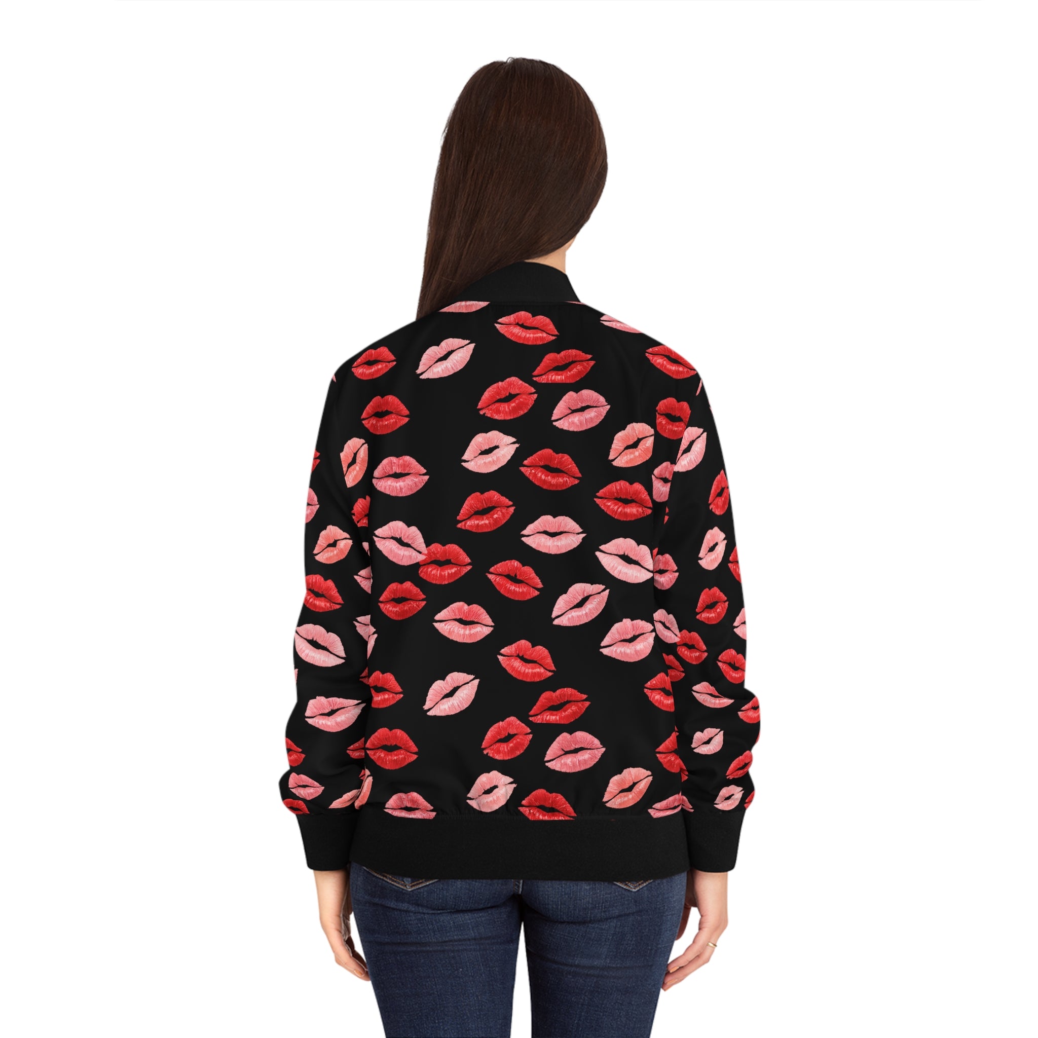 Psyche Collection BLACK, Kiss Print Uni-Sex Bomber Jacket —  Lipstick Kisses Print