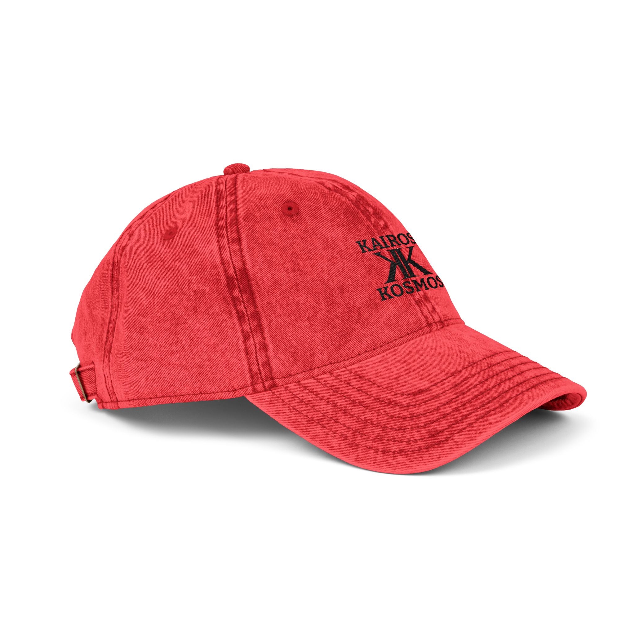 Vintage Embroidered Cap RED — Kairos Kosmos Logo Distressed Baseball Hat