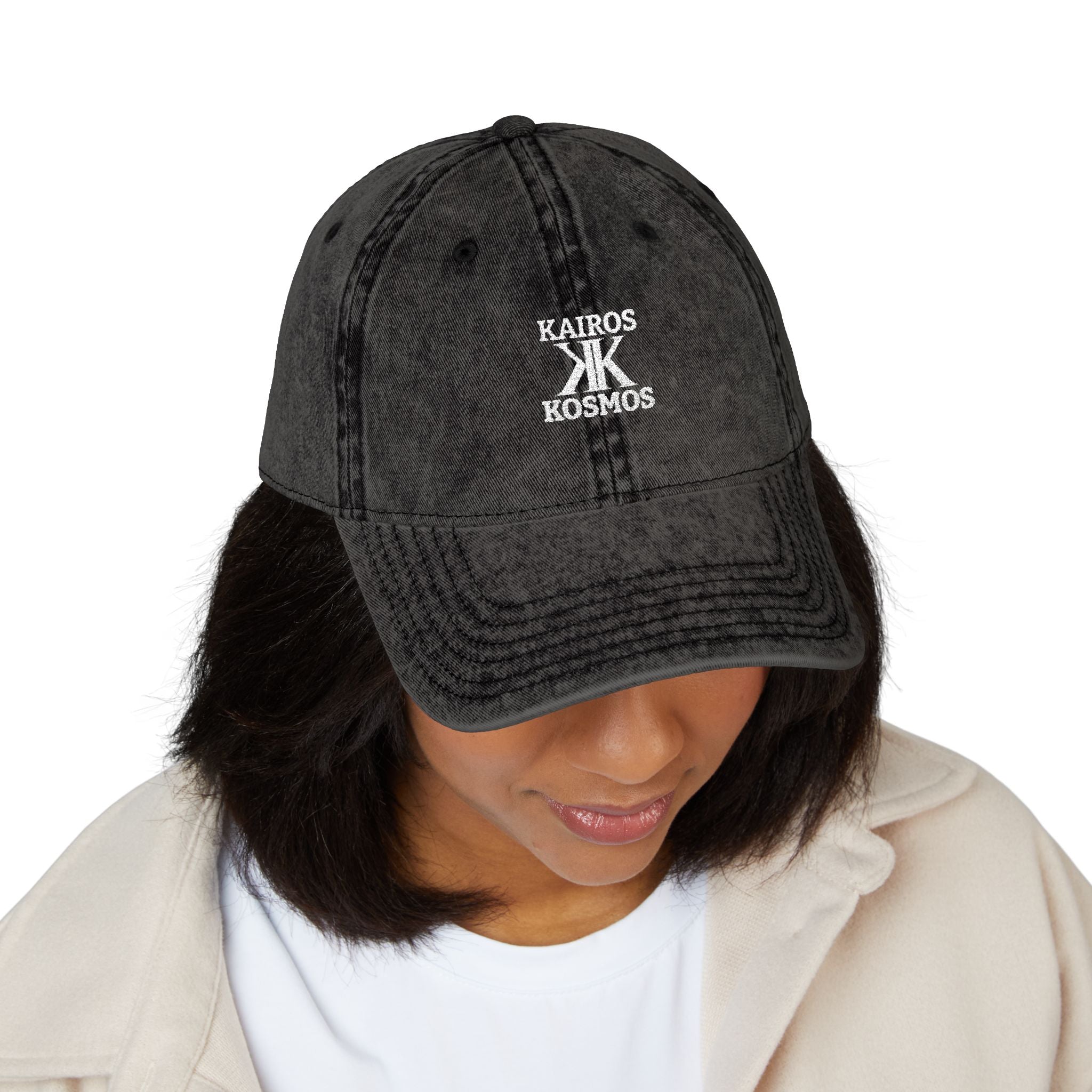 Vintage Embroidered Cap BLACK — Kairos Kosmos Logo Distressed Baseball Hat
