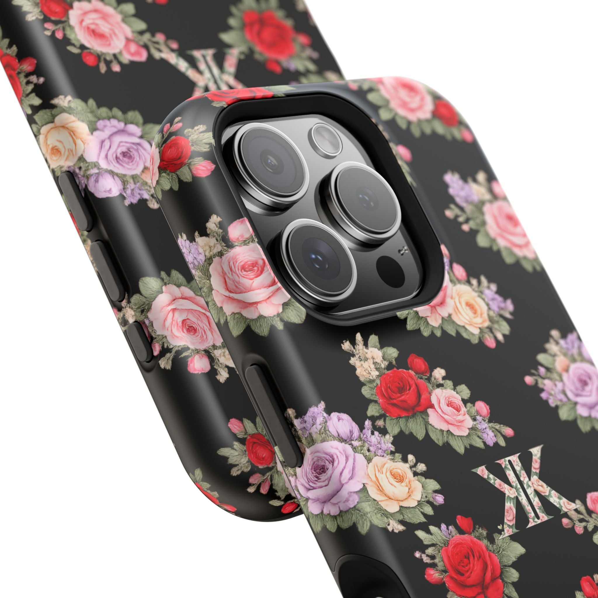 Anthos Collection BLACK Vintage Floral Rose Pattern Magnetic Impact-Resistant Phone Case