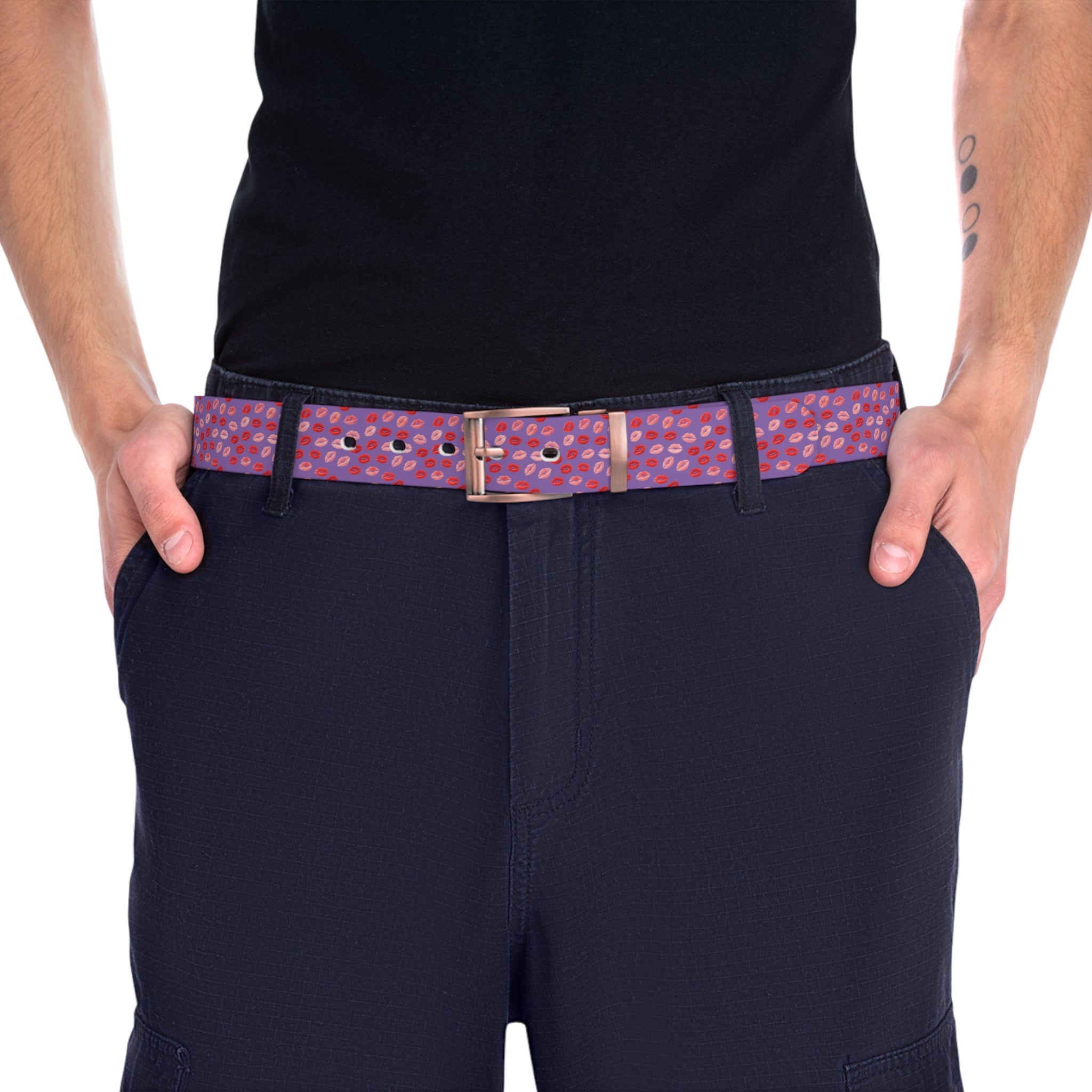 Psyche Collection Women's Light Purple, Pink And Red Lip Print Belt – Cute Kiss Pattern Fashion Belt