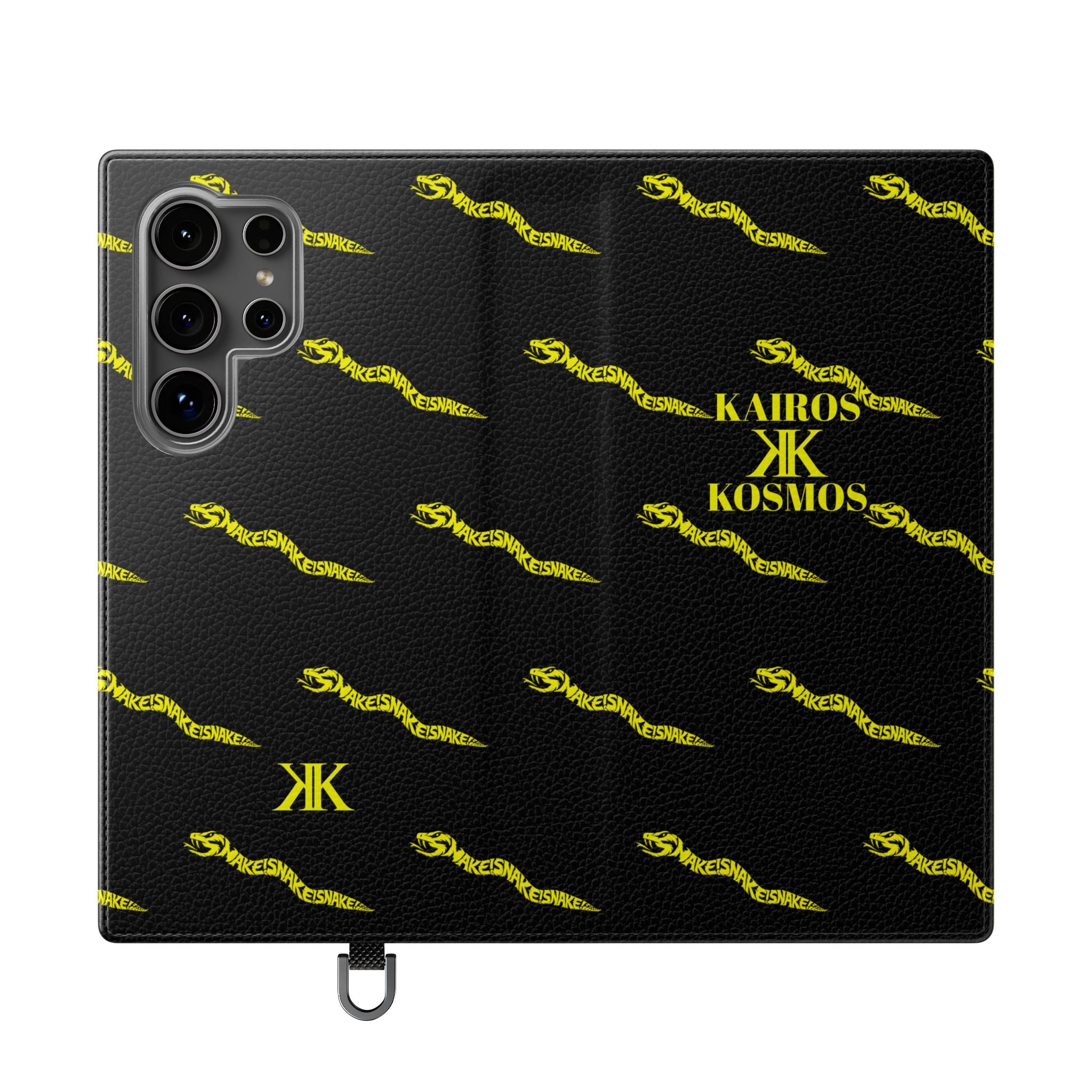 Aspis Collection Flip Case Phone Wallet — Black & Gold Kairos Kosmos Pattern