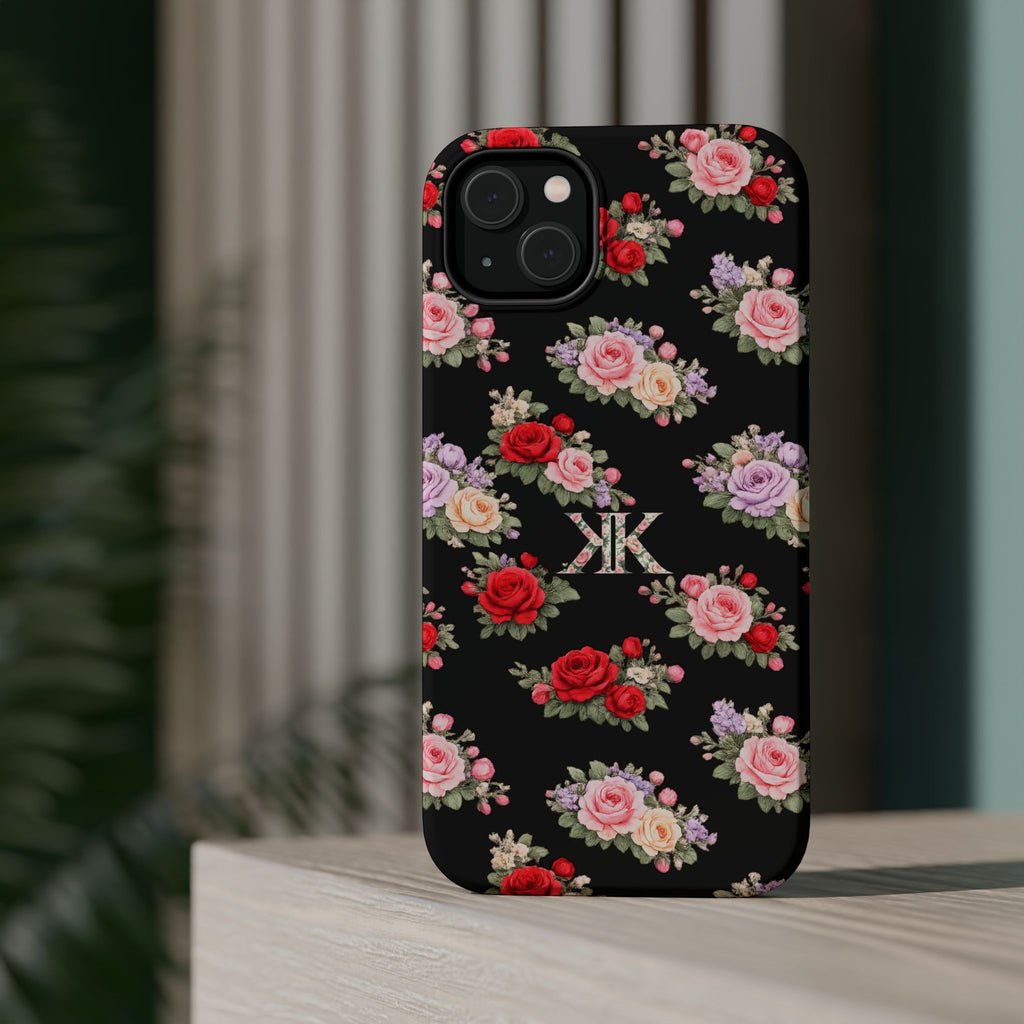 Anthos Collection BLACK Vintage Floral Rose Pattern Magnetic Impact-Resistant Phone Case