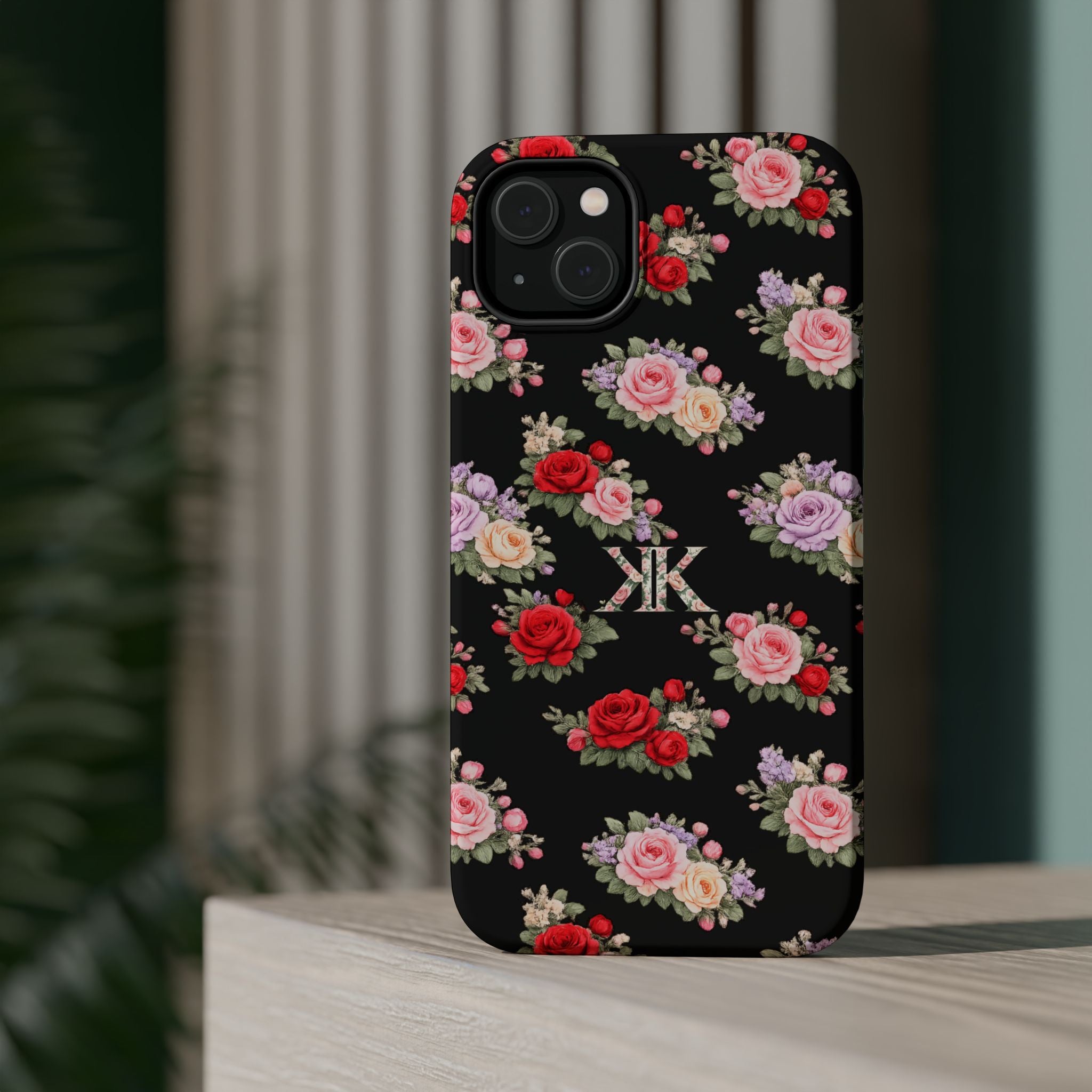 Anthos Collection BLACK Vintage Floral Rose Pattern Magnetic Impact-Resistant Phone Case