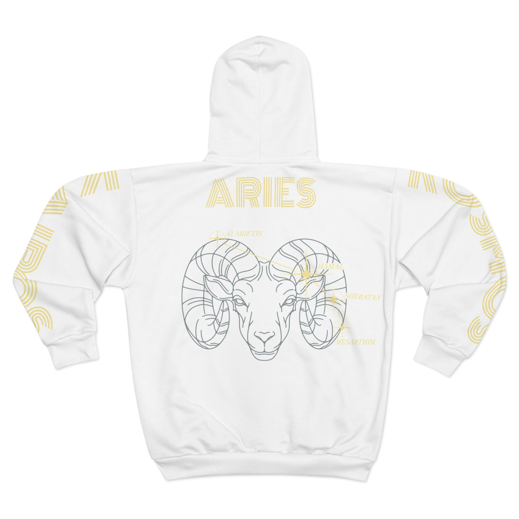 Aether Collection White Aries Zodiac Zip Hoodie — Ram Constellation Graphic