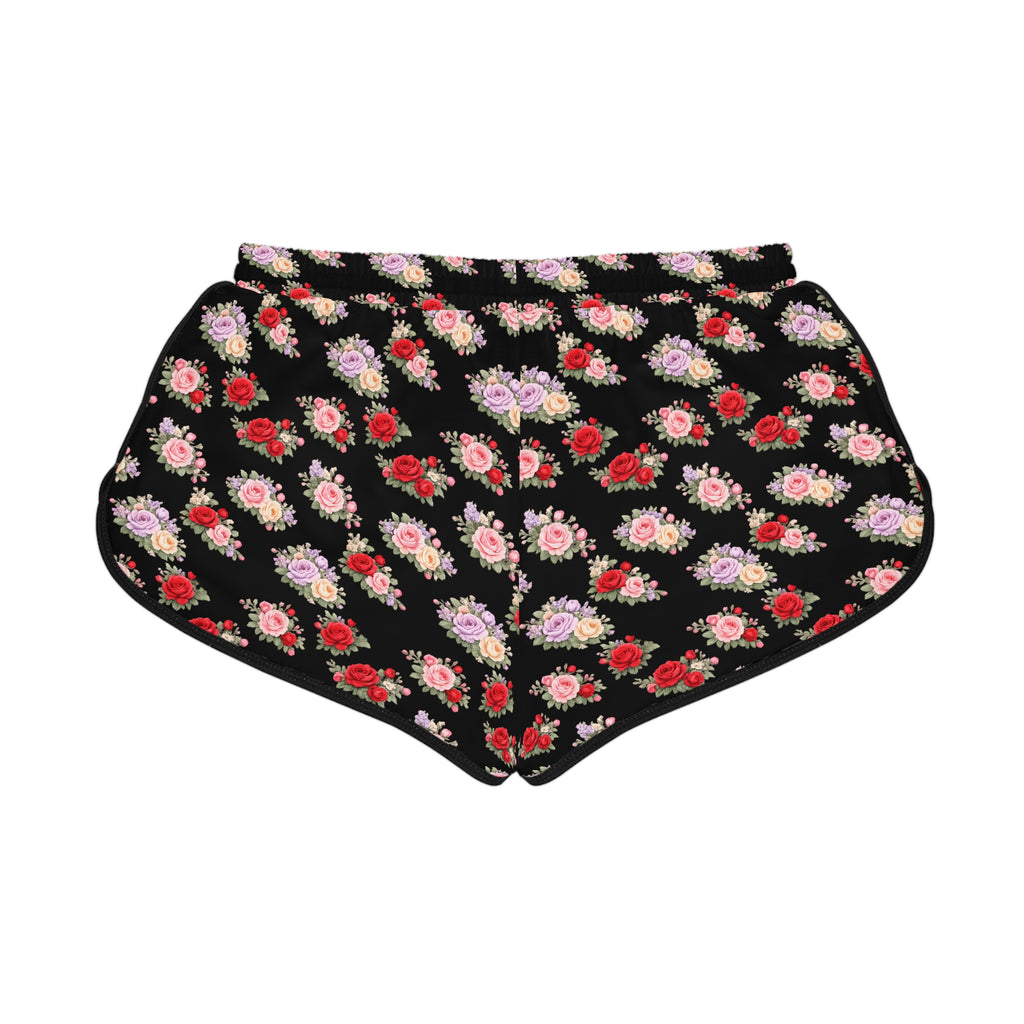 Anthos Collection BLACK Floral Stretch Women's Relaxed Shorts — Vintage Pink & Red Rose All-Over Print