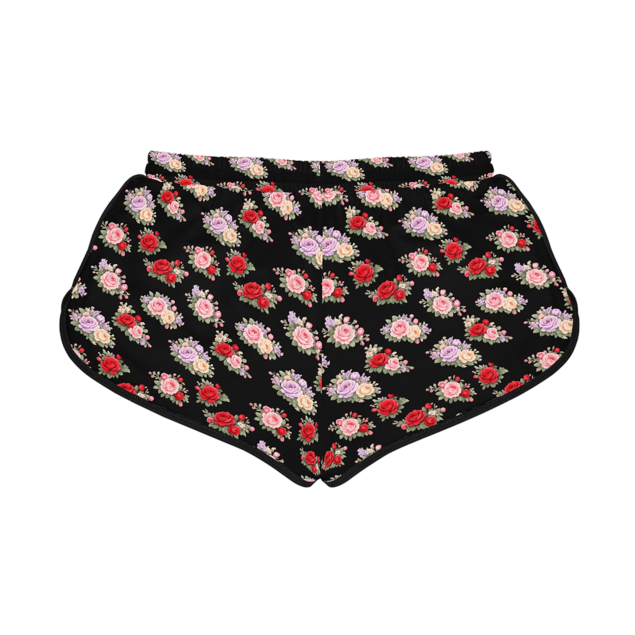 Anthos Collection BLACK Floral Stretch Women's Relaxed Shorts — Vintage Pink & Red Rose All-Over Print