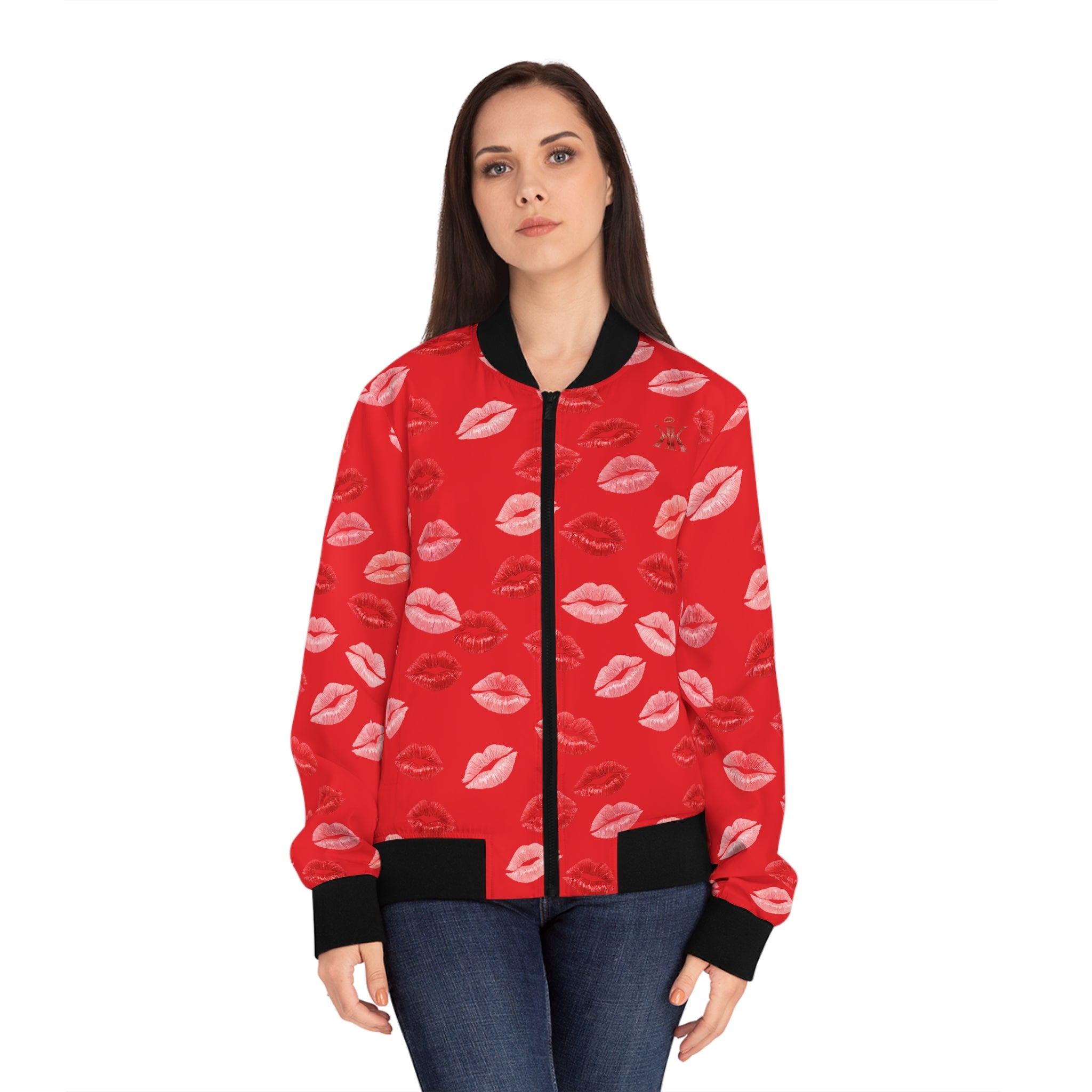 Psyche Collection RED, Kiss Print Uni-Sex Bomber Jacket —  Lipstick Kisses Print