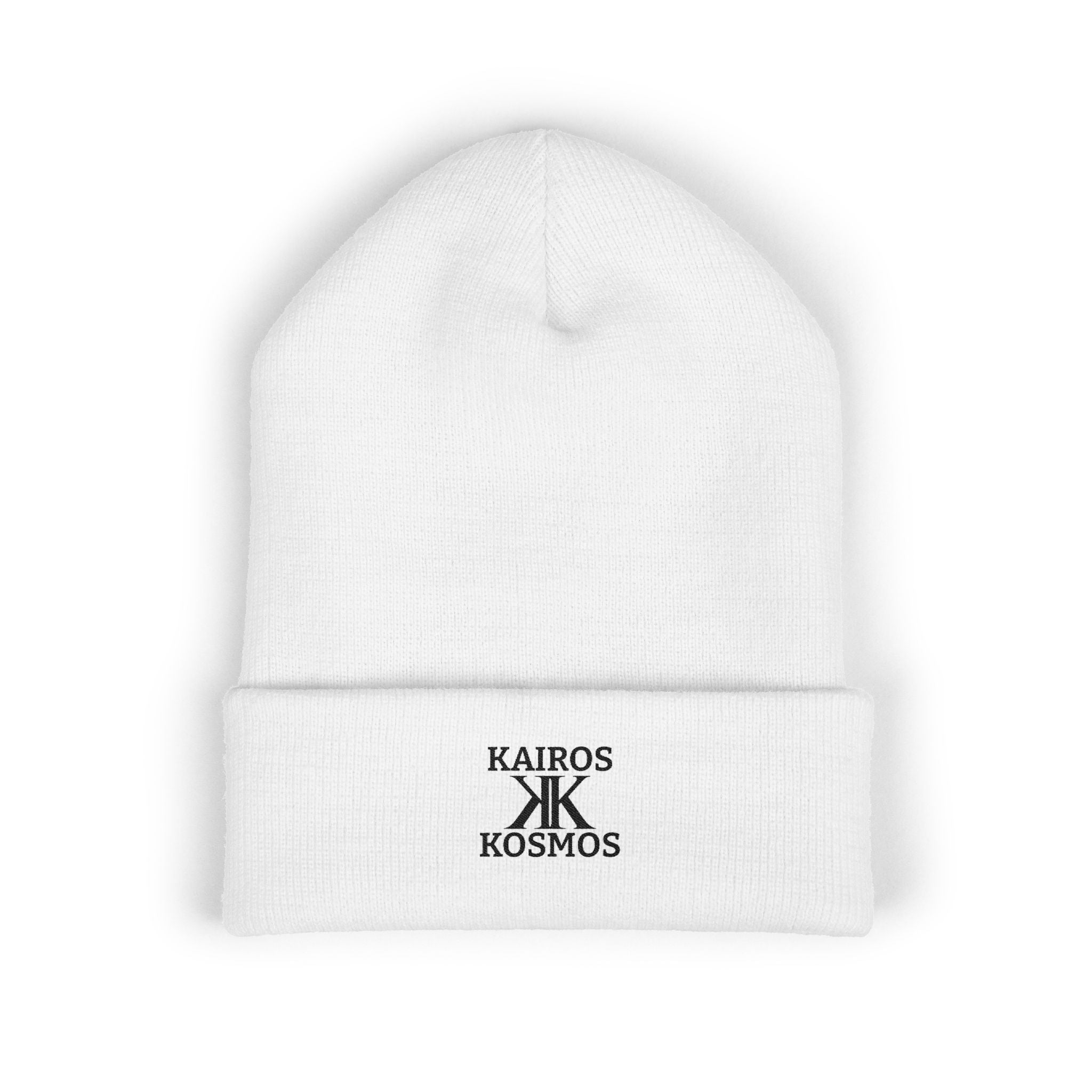 Kairos Kosmos Embroidered Cuffed Beanie — Minimal Logo Knit Hat
