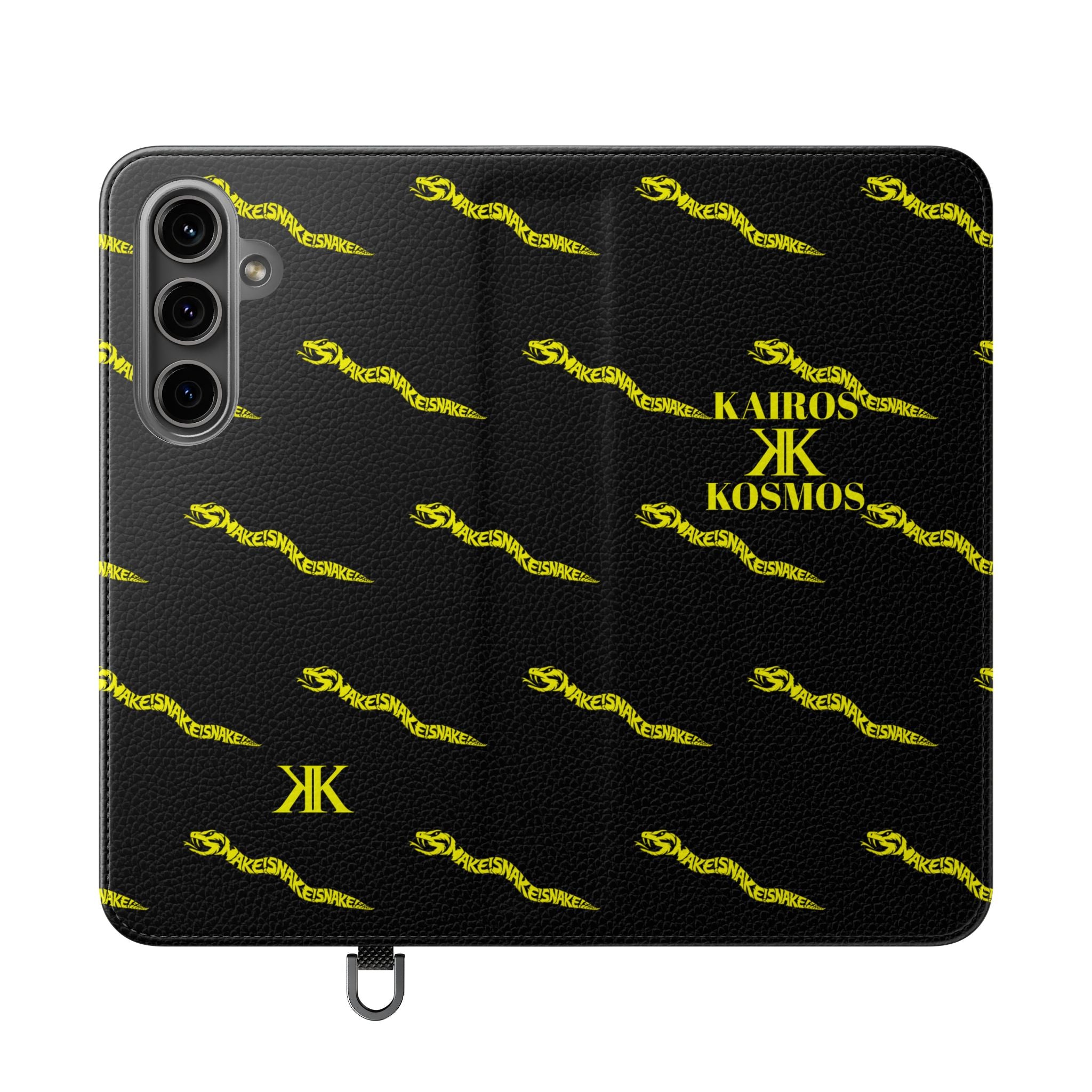 Aspis Collection Flip Case Phone Wallet — Black & Gold Kairos Kosmos Pattern