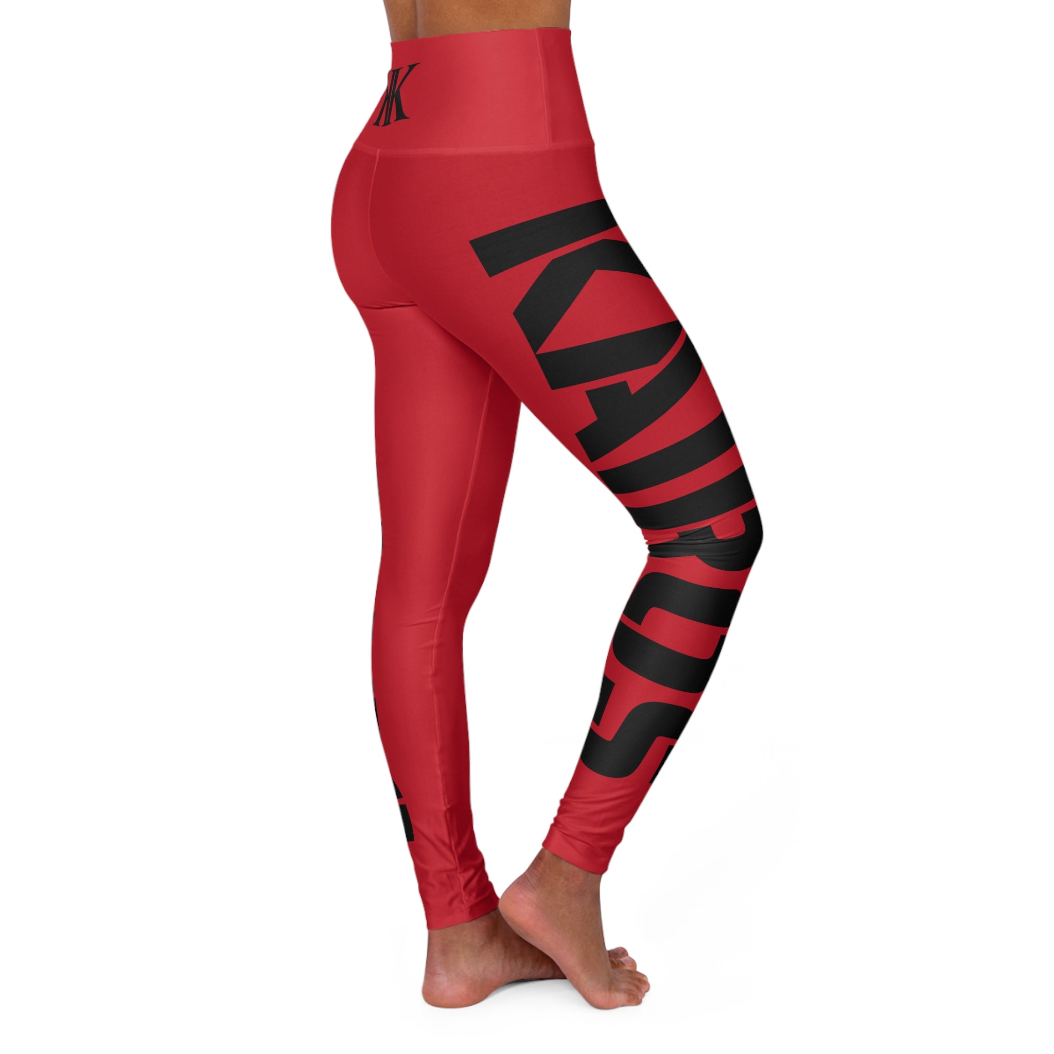 High-Waisted RED Yoga Leggings with Bold Black Side Text — Comfortable Activewear for Yoga & Fitness