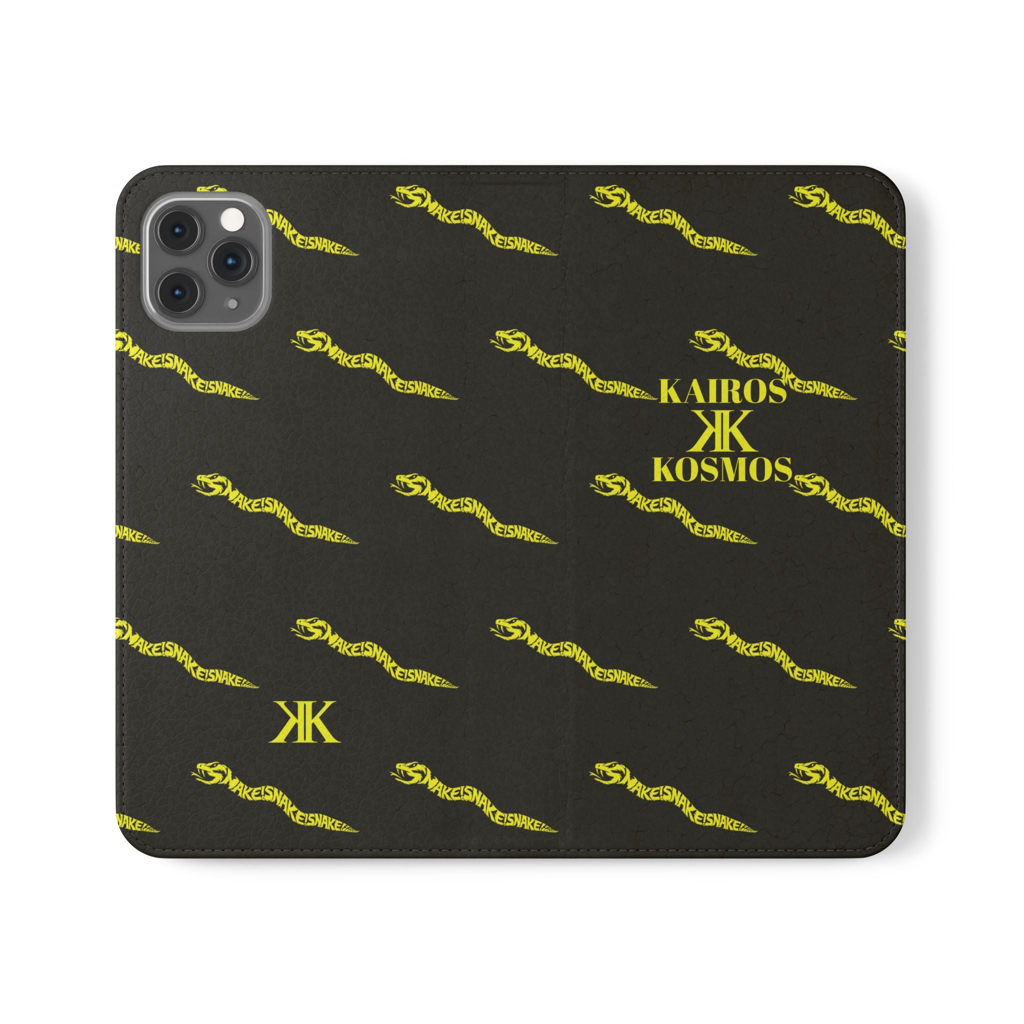 Aspis Collection Flip Case Phone Wallet — Black & Gold Kairos Kosmos Pattern