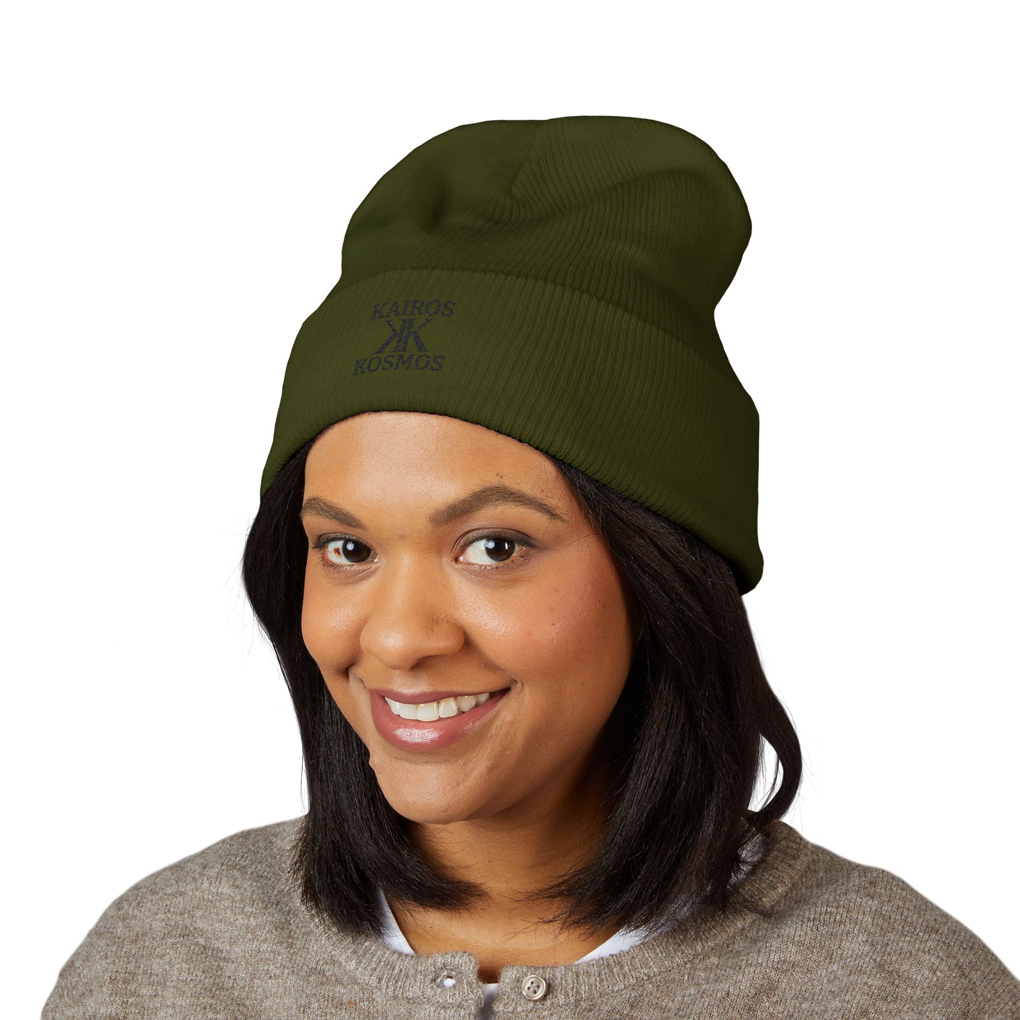 Kairos Kosmos Embroidered Cuffed Beanie — Minimal Logo Knit Hat