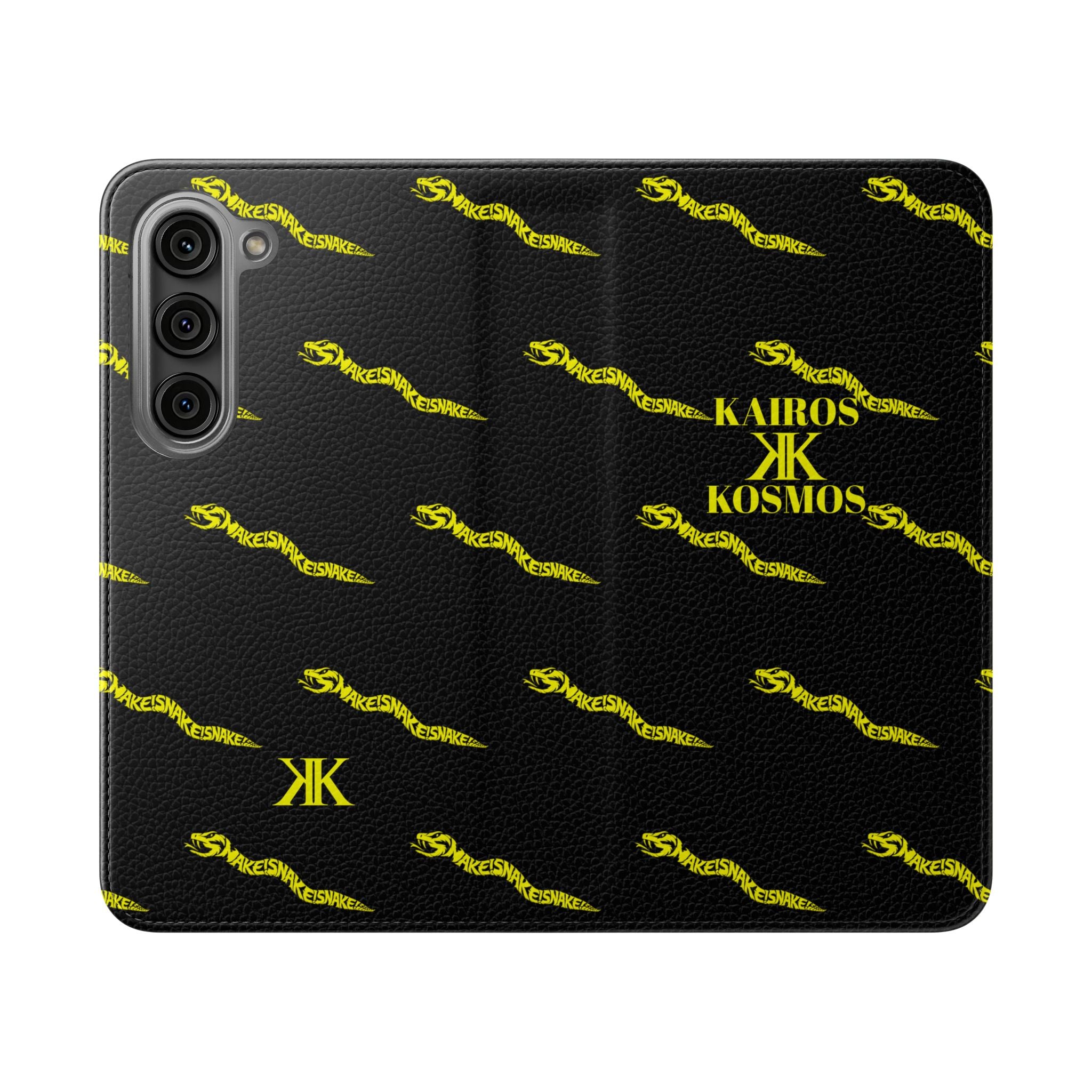 Aspis Collection Flip Case Phone Wallet — Black & Gold Kairos Kosmos Pattern
